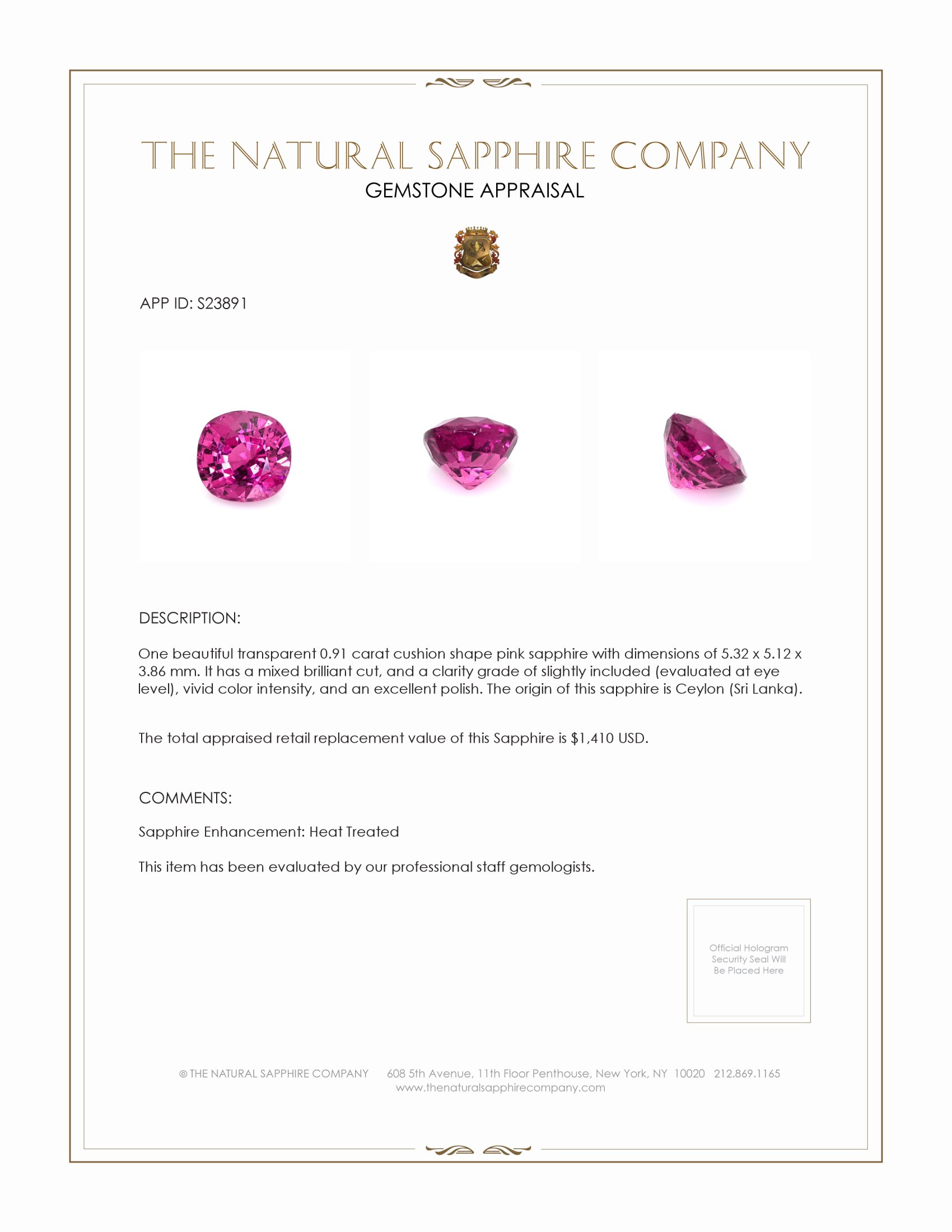 0.91 Ct. Pink Sapphire from Ceylon (Sri Lanka)