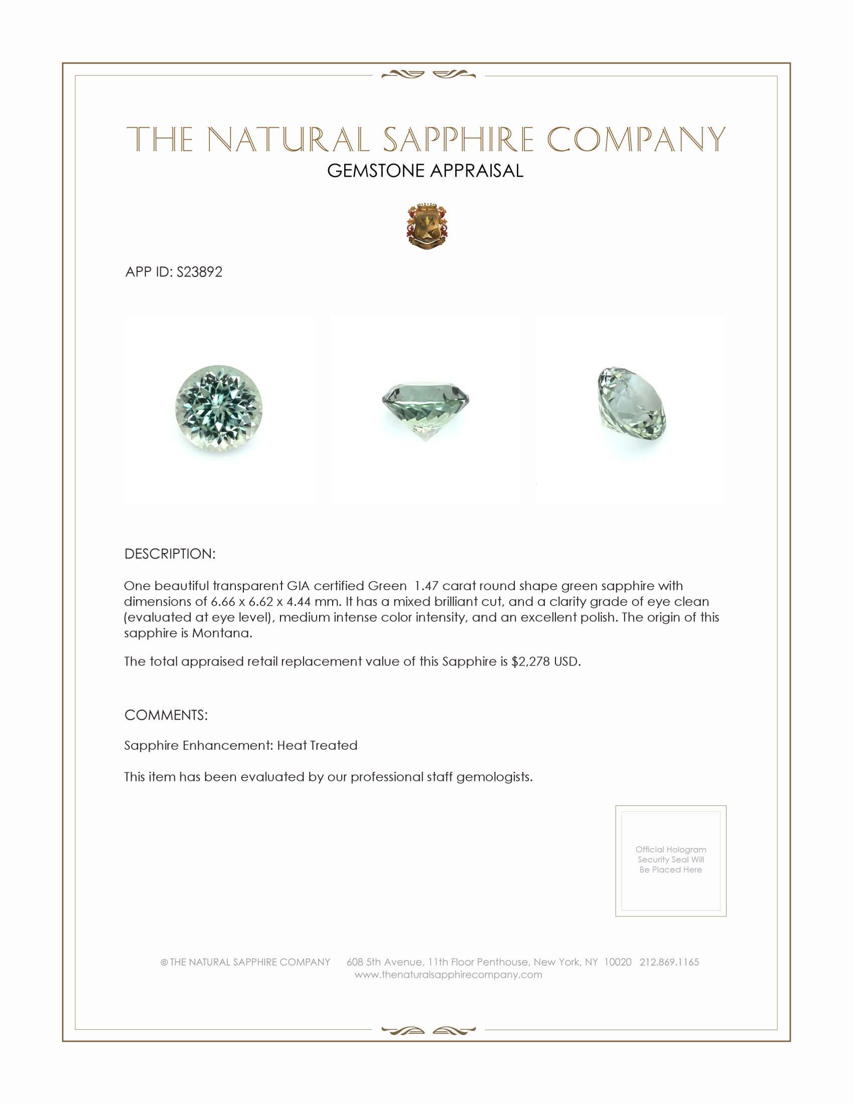1.47 Ct. Green Sapphire from Montana