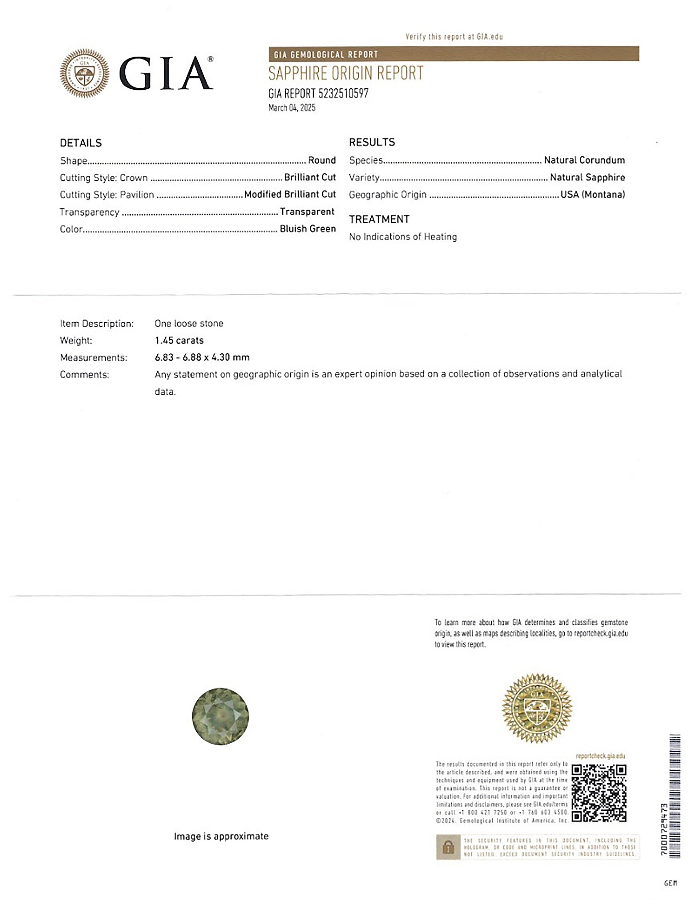 1.45 Ct. Bluish Green Sapphire from Montana