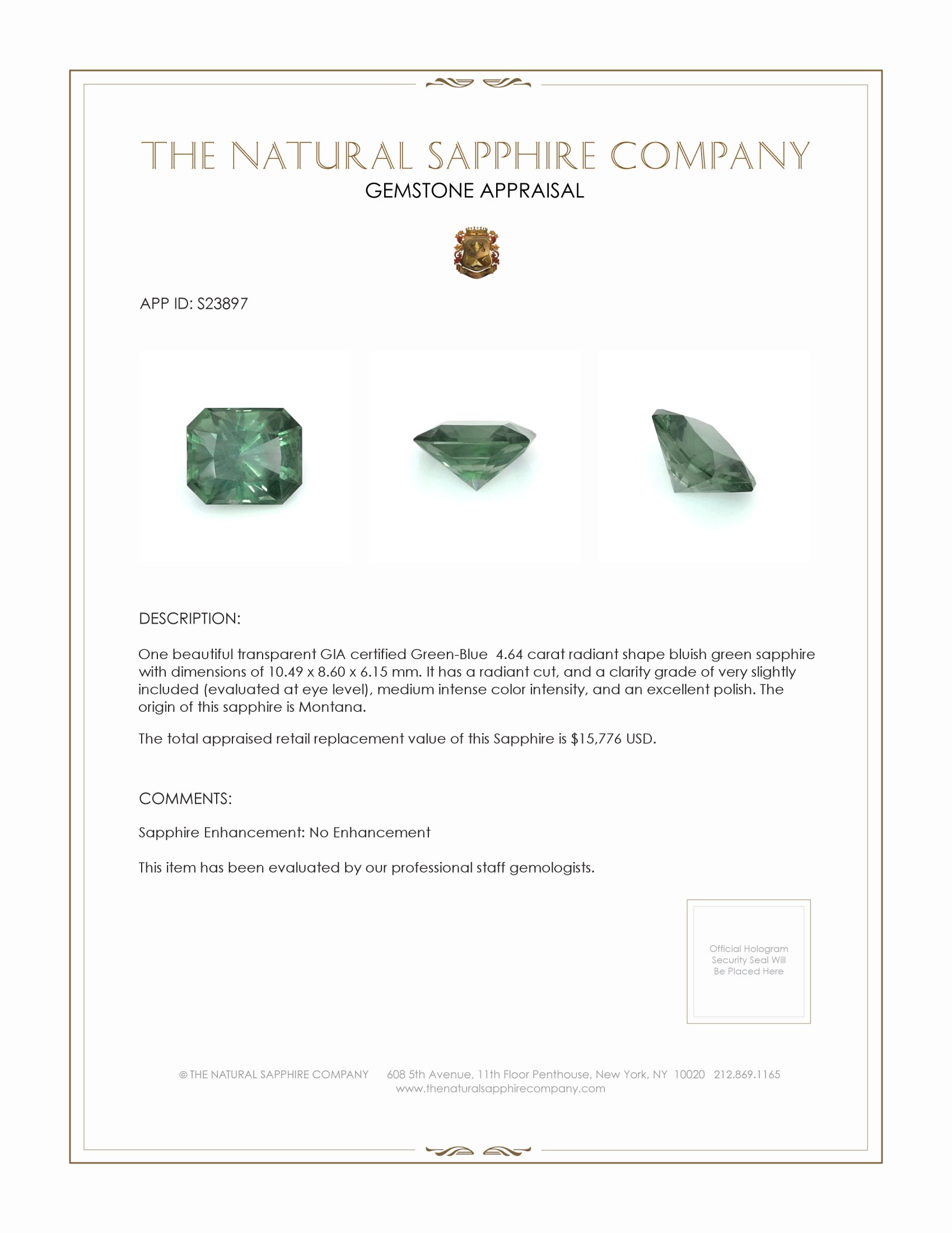 4.64 Ct. Bluish Green Sapphire from Montana