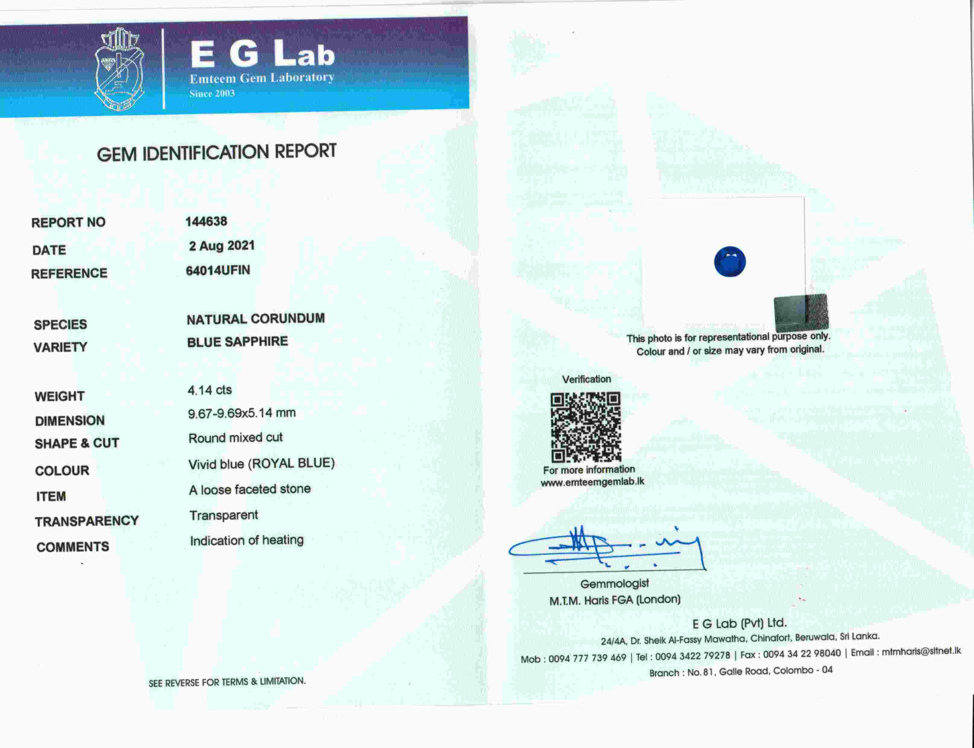 4.14 Ct. Blue Sapphire from Ceylon (Sri Lanka)