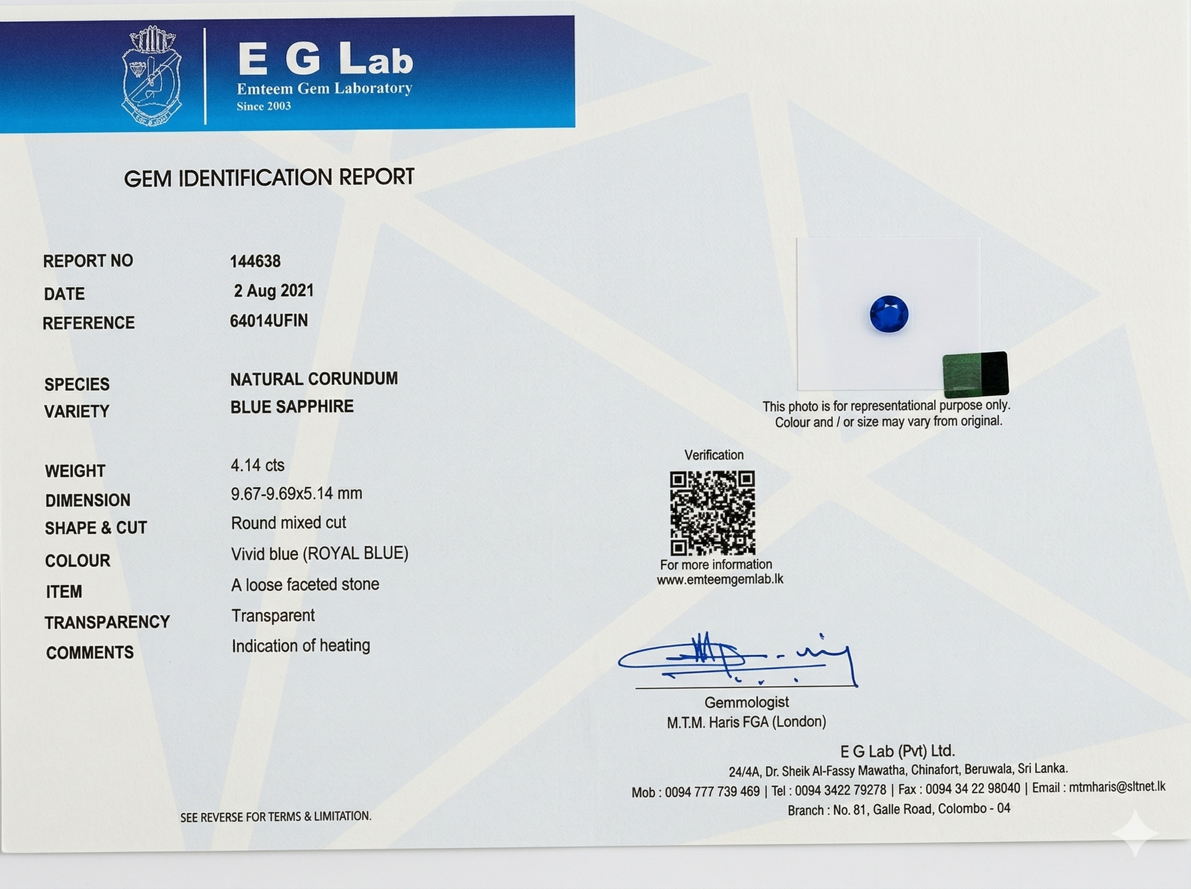 4.14 Ct. Blue Sapphire from Ceylon (Sri Lanka)