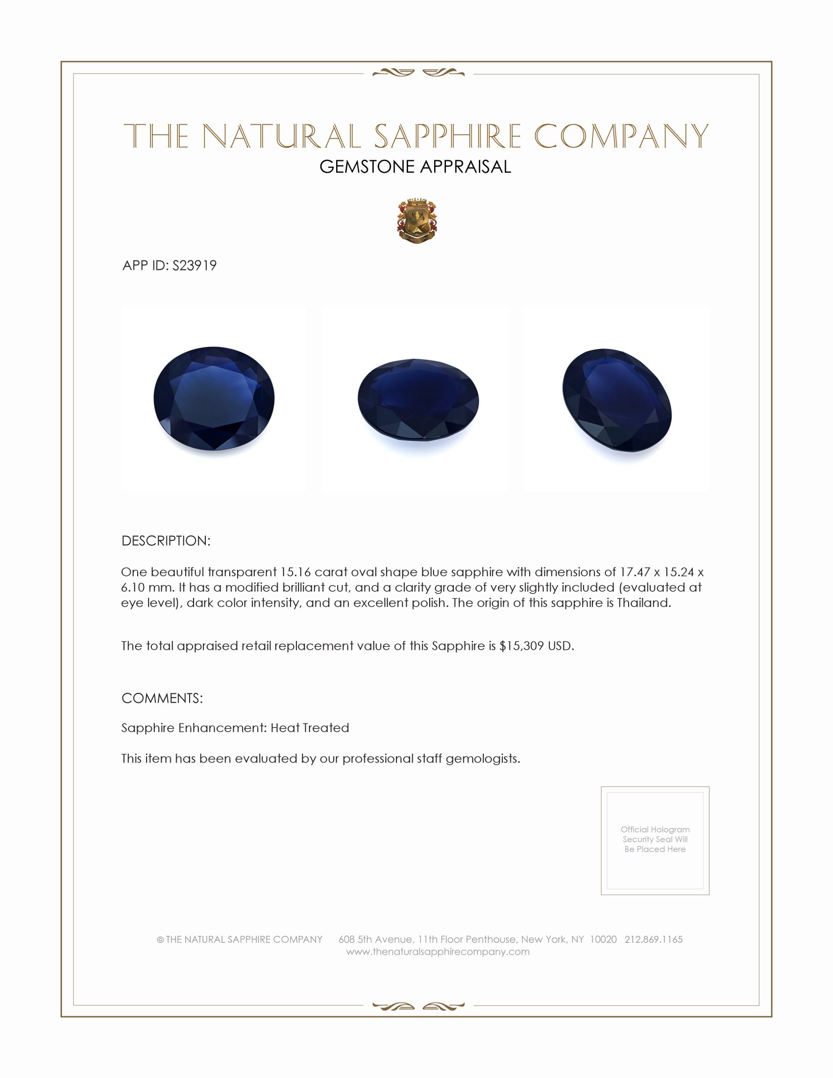 15.16 Ct. Blue Sapphire from Thailand