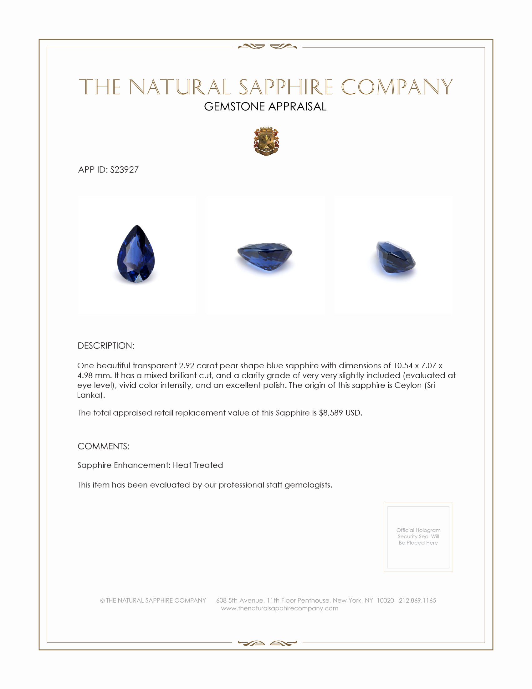 2.92 Ct. Blue Sapphire from Ceylon (Sri Lanka)