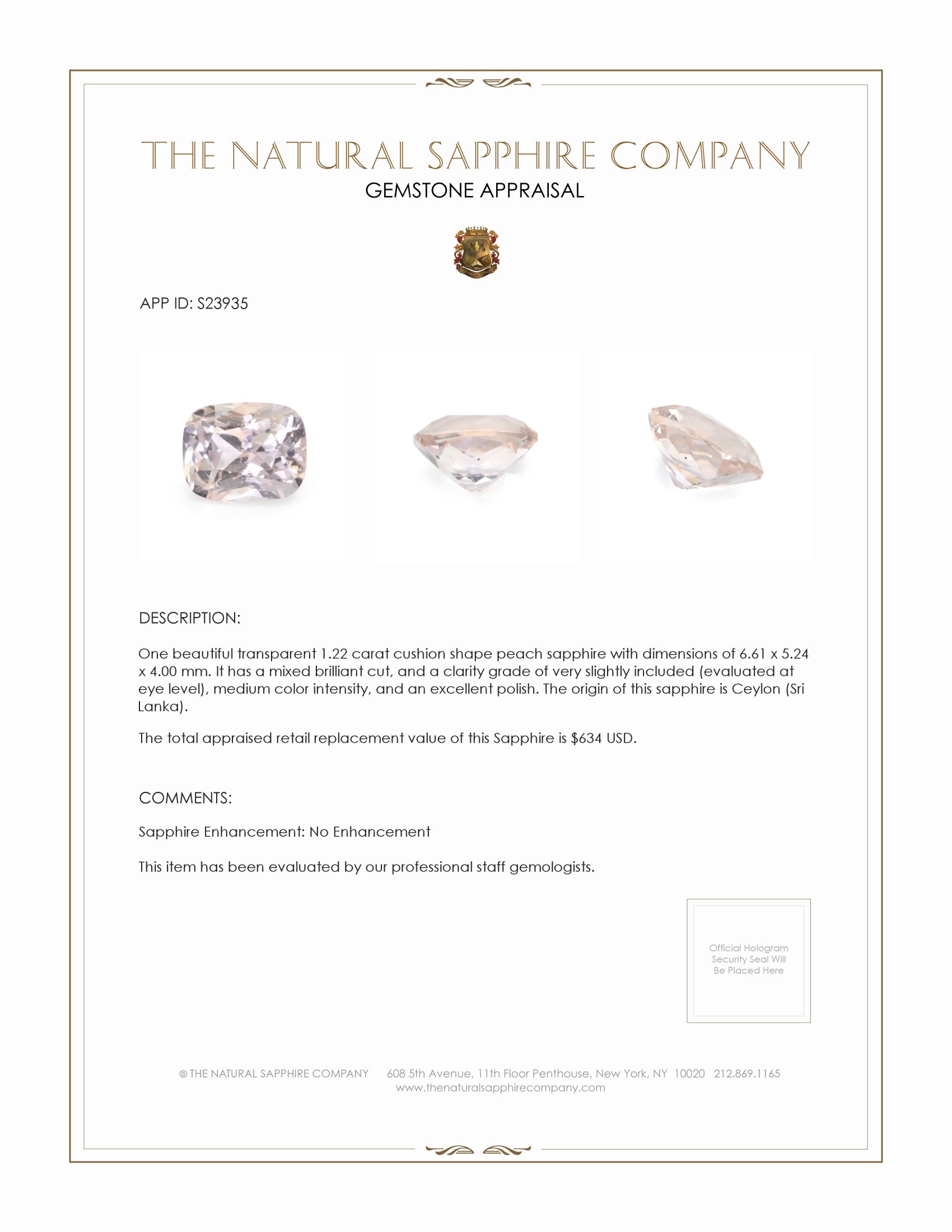 1.22 Ct. Peach Sapphire from Ceylon (Sri Lanka)