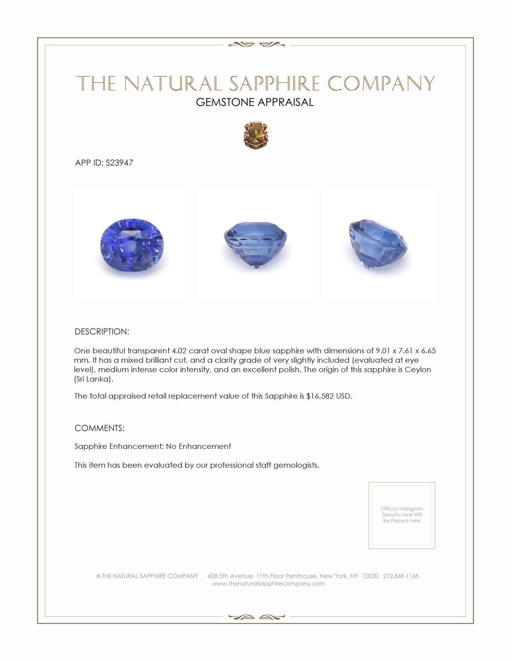 4.02 Ct. Blue Sapphire from Ceylon (Sri Lanka)