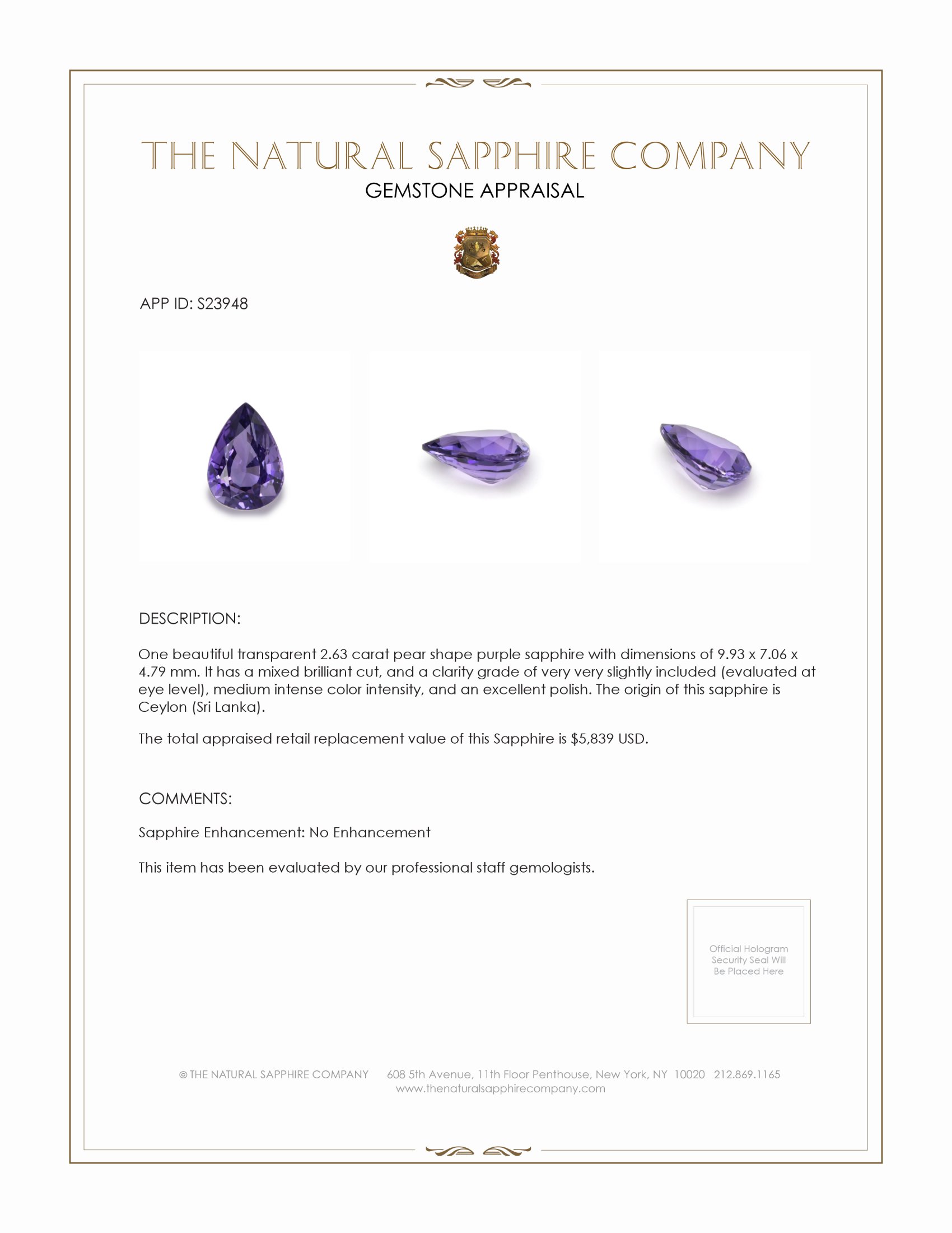 2.63 Ct. Purple Sapphire from Ceylon (Sri Lanka)