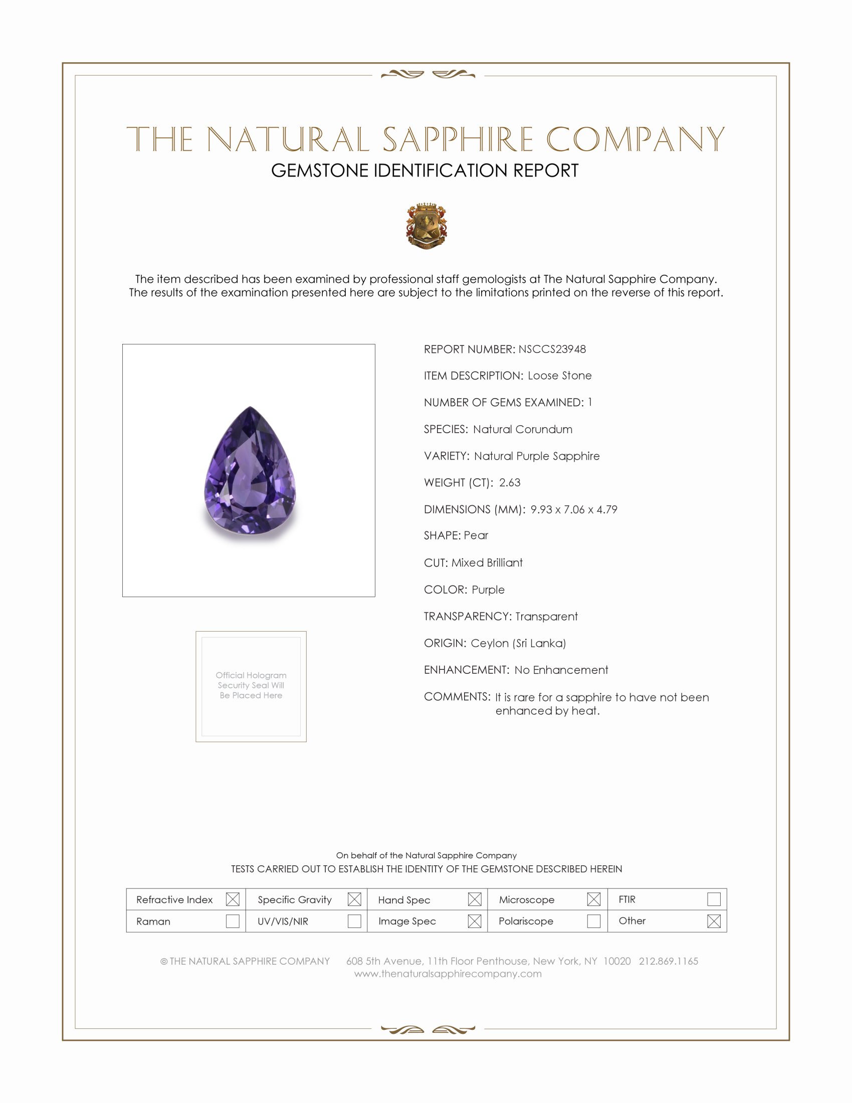 2.63 Ct. Purple Sapphire from Ceylon (Sri Lanka)
