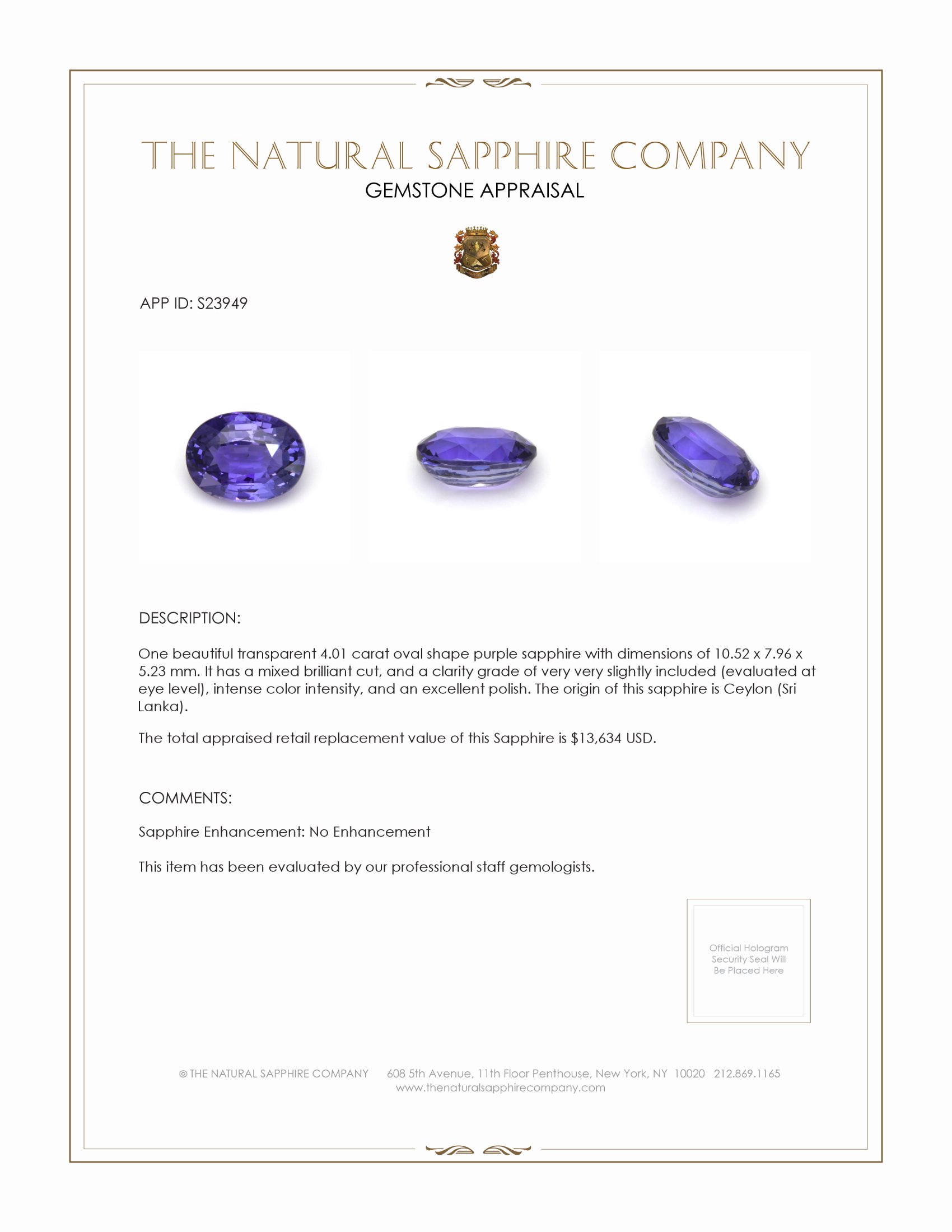 4.01 Ct. Purple Sapphire from Ceylon (Sri Lanka)