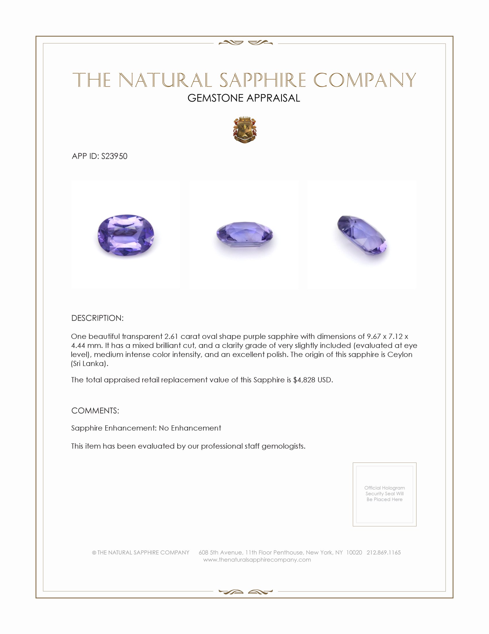 2.61 Ct. Purple Sapphire from Ceylon (Sri Lanka)