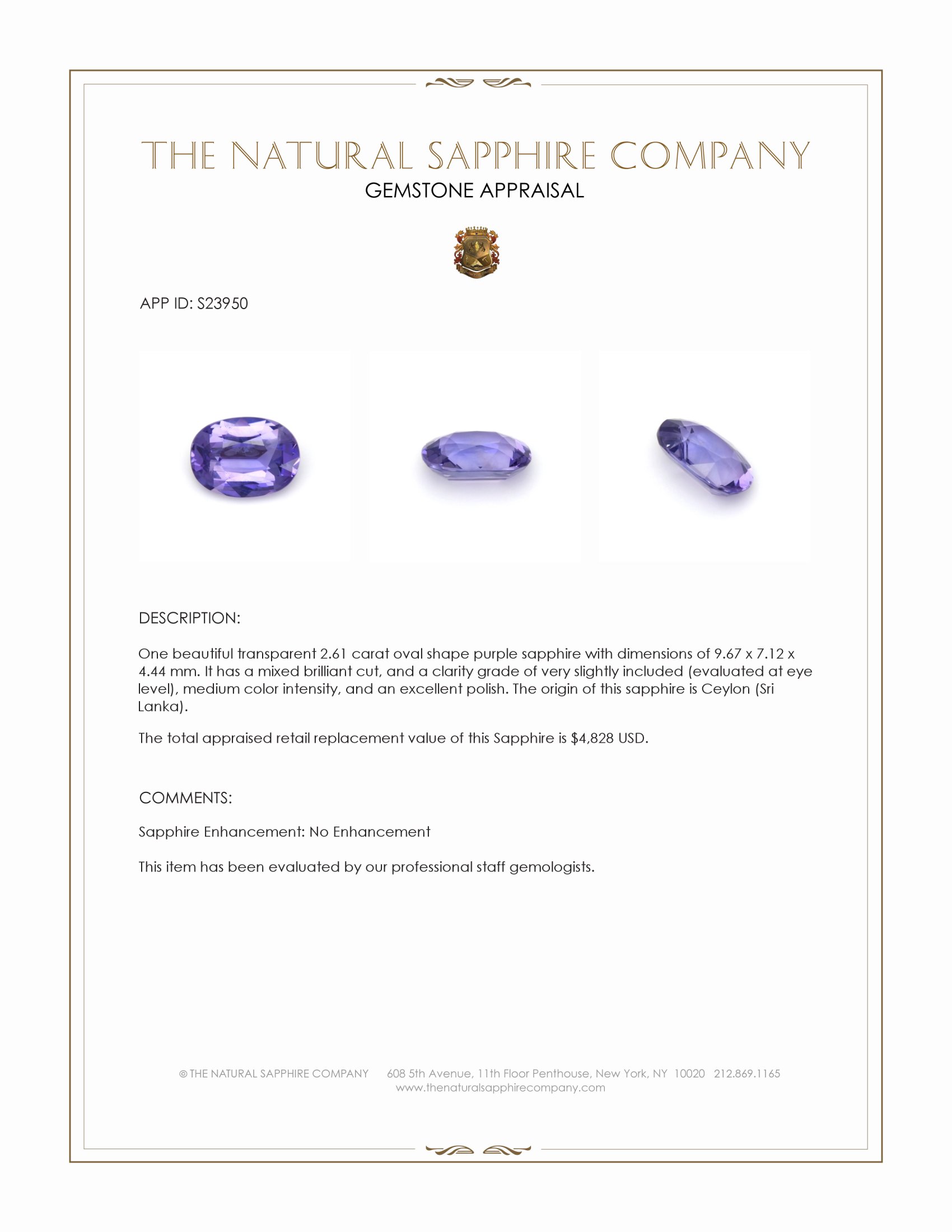 2.61 Ct. Purple Sapphire from Ceylon (Sri Lanka)