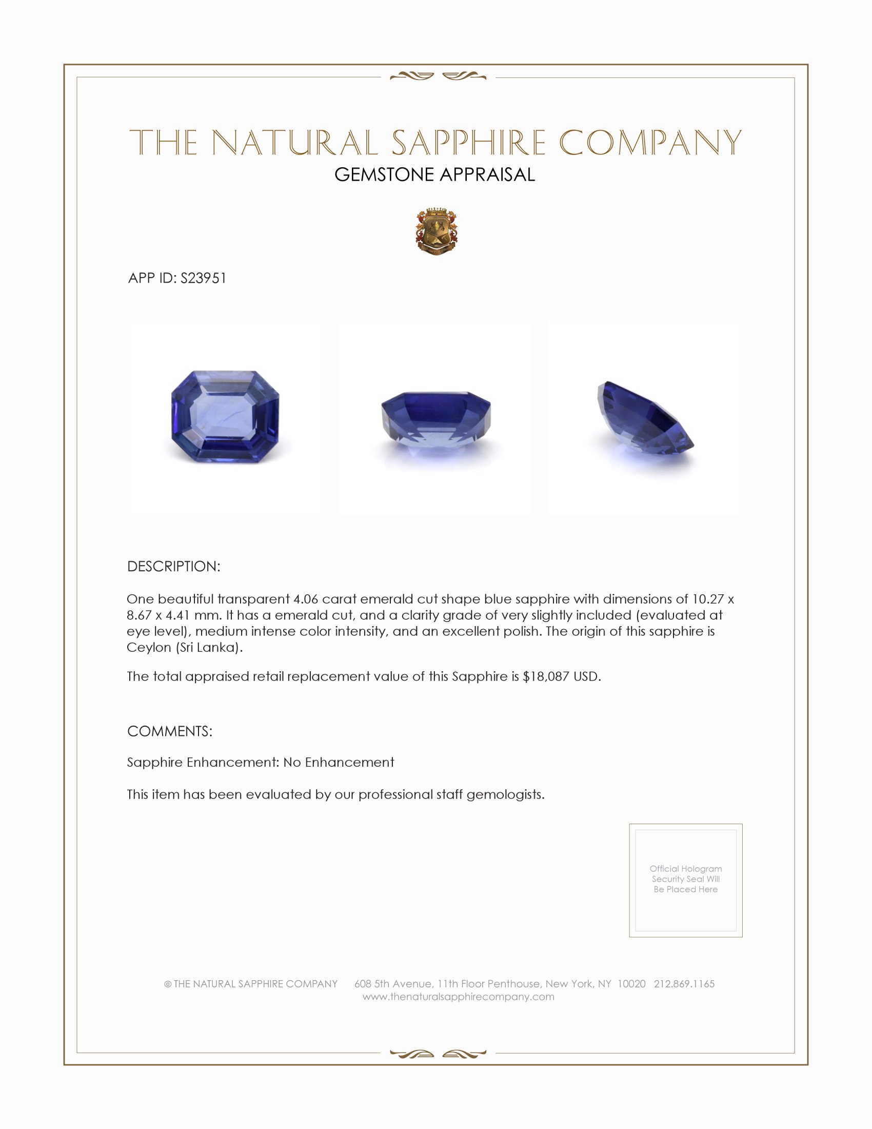 4.06 Ct. Blue Sapphire from Ceylon (Sri Lanka)