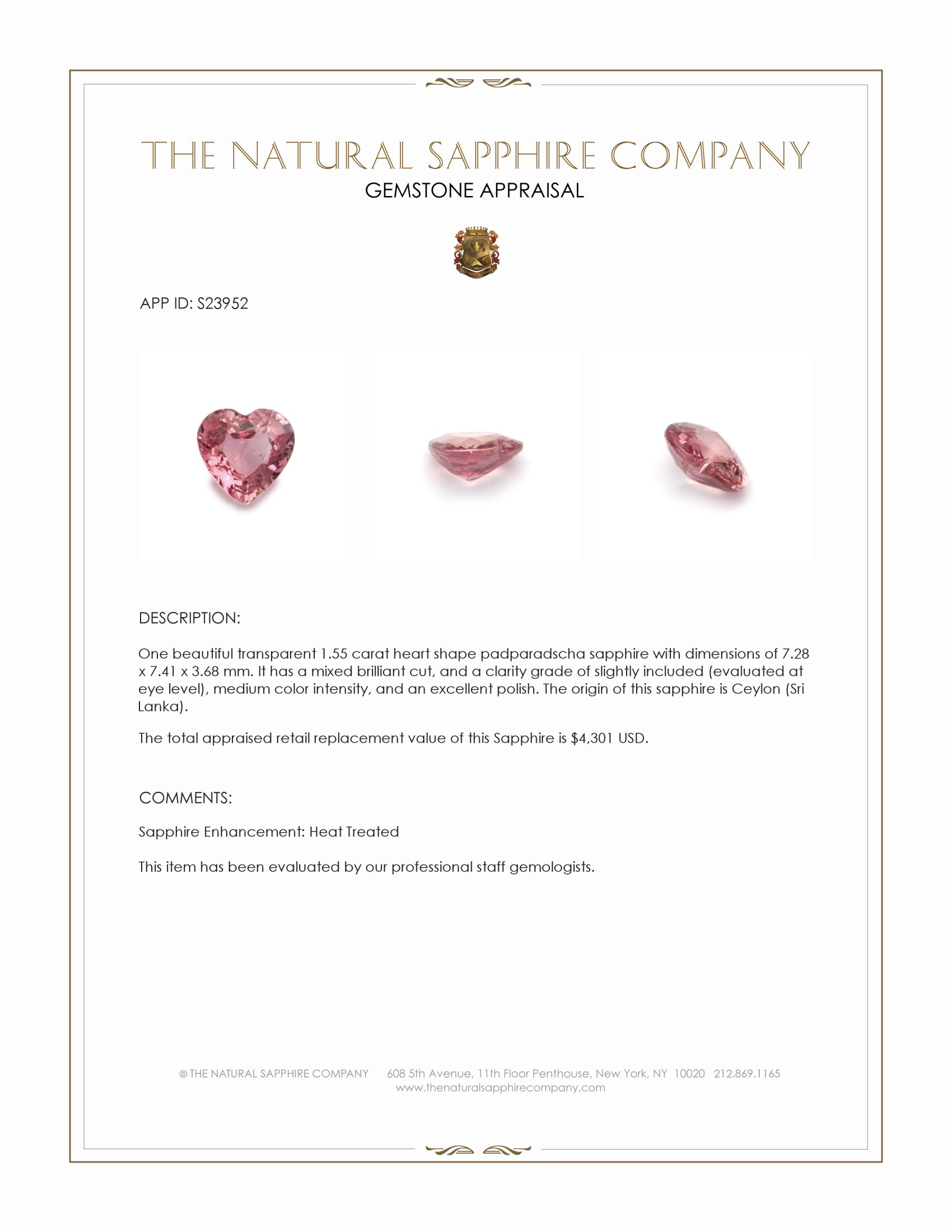 1.55 Ct. Padparadscha Sapphire from Ceylon (Sri Lanka)