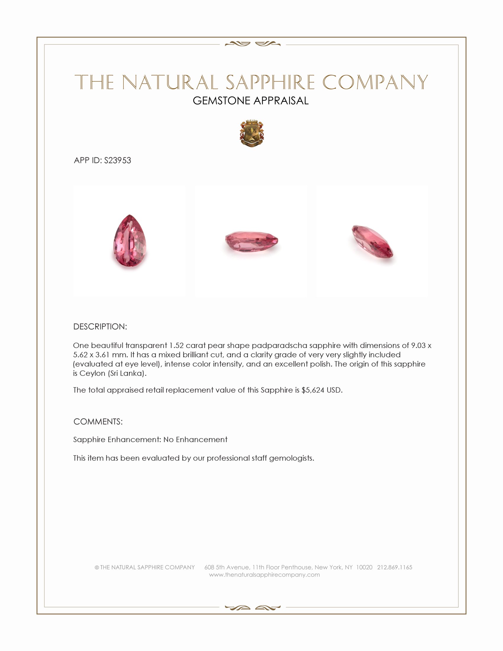 1.52 Ct. Padparadscha Sapphire from Ceylon (Sri Lanka)