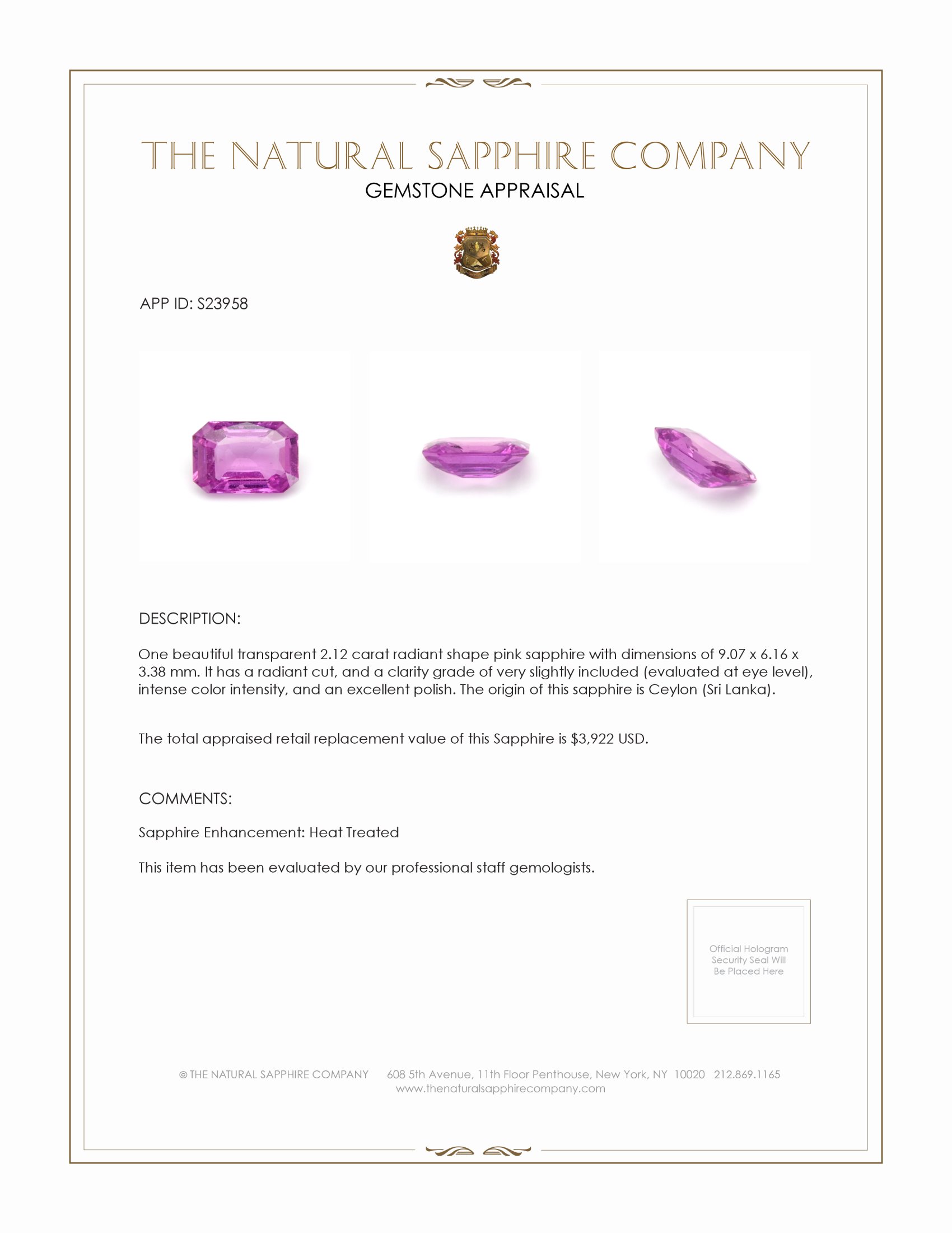 2.12 Ct. Pink Sapphire from Ceylon (Sri Lanka)