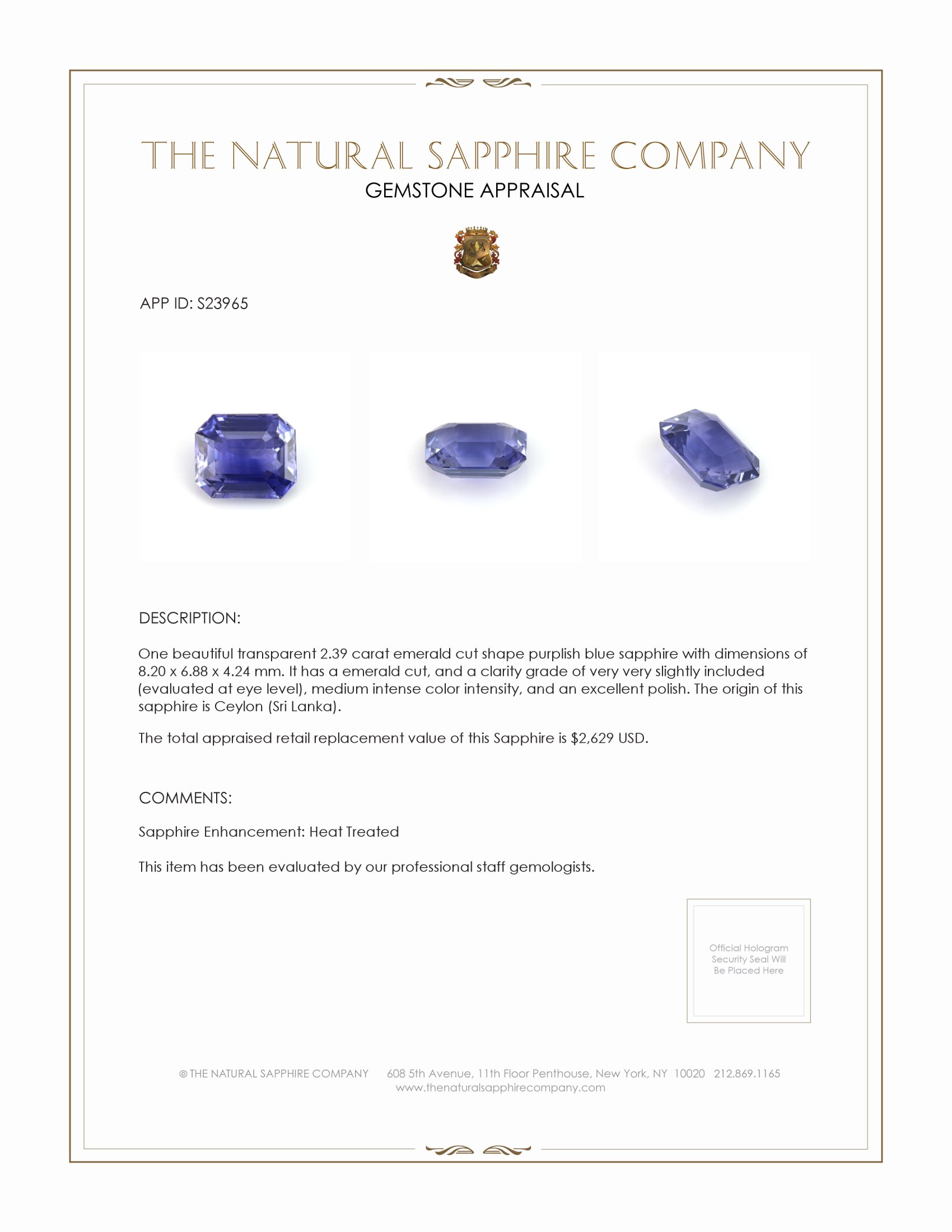 2.39 Ct. Purplish Blue Sapphire from Ceylon (Sri Lanka)