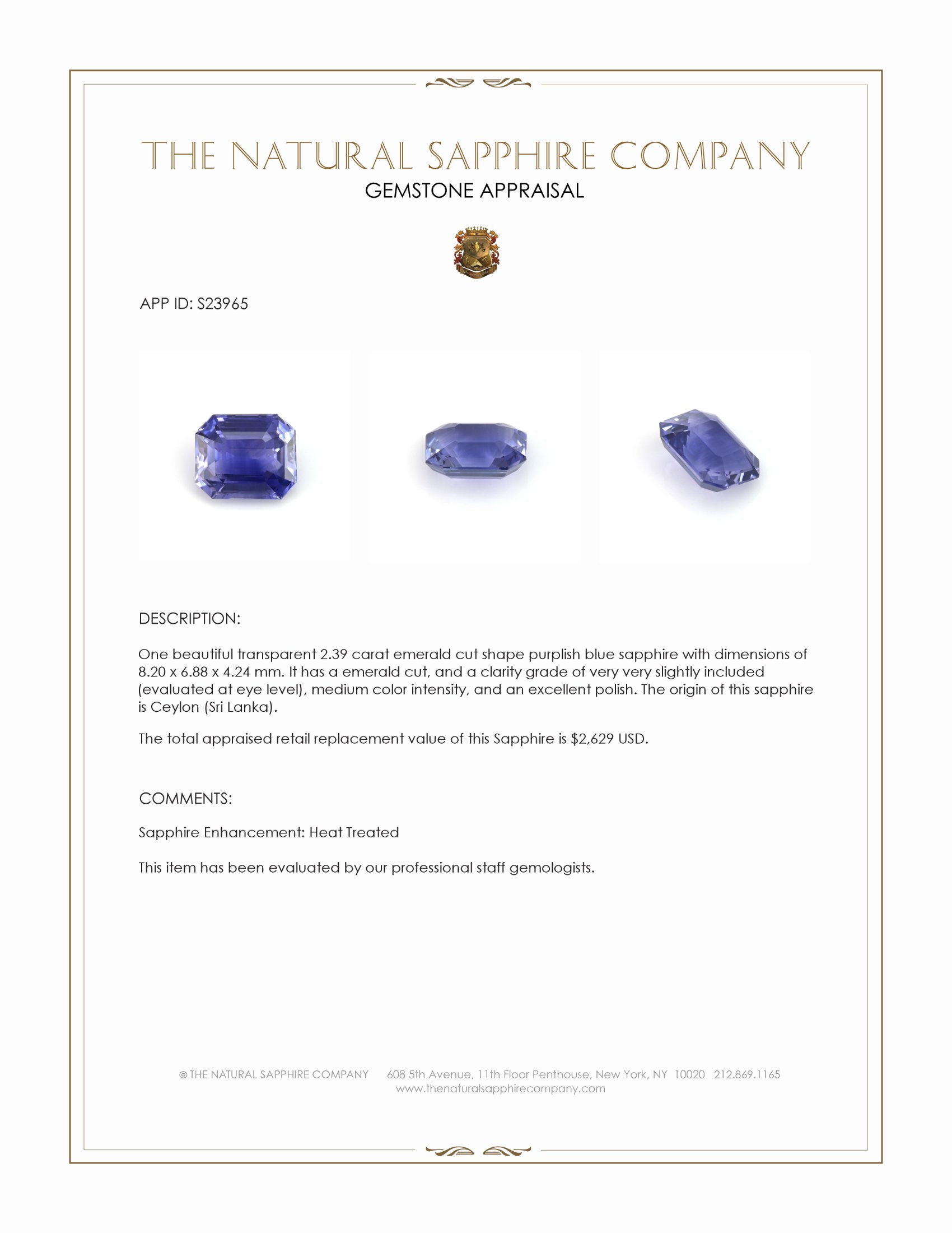 2.39 Ct. Purplish Blue Sapphire from Ceylon (Sri Lanka)