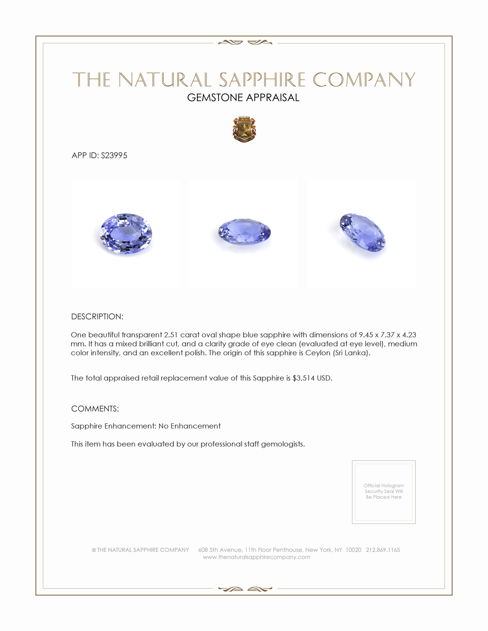 2.51 Ct. Blue Sapphire from Ceylon (Sri Lanka)