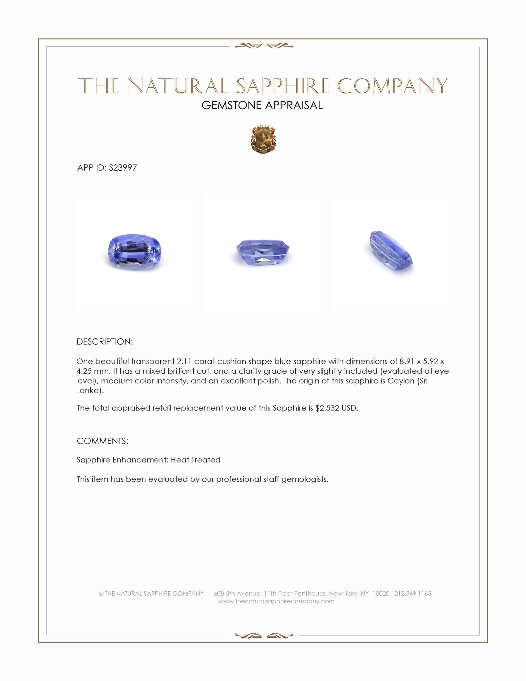 2.11 Ct. Purplish Blue Sapphire from Ceylon (Sri Lanka)