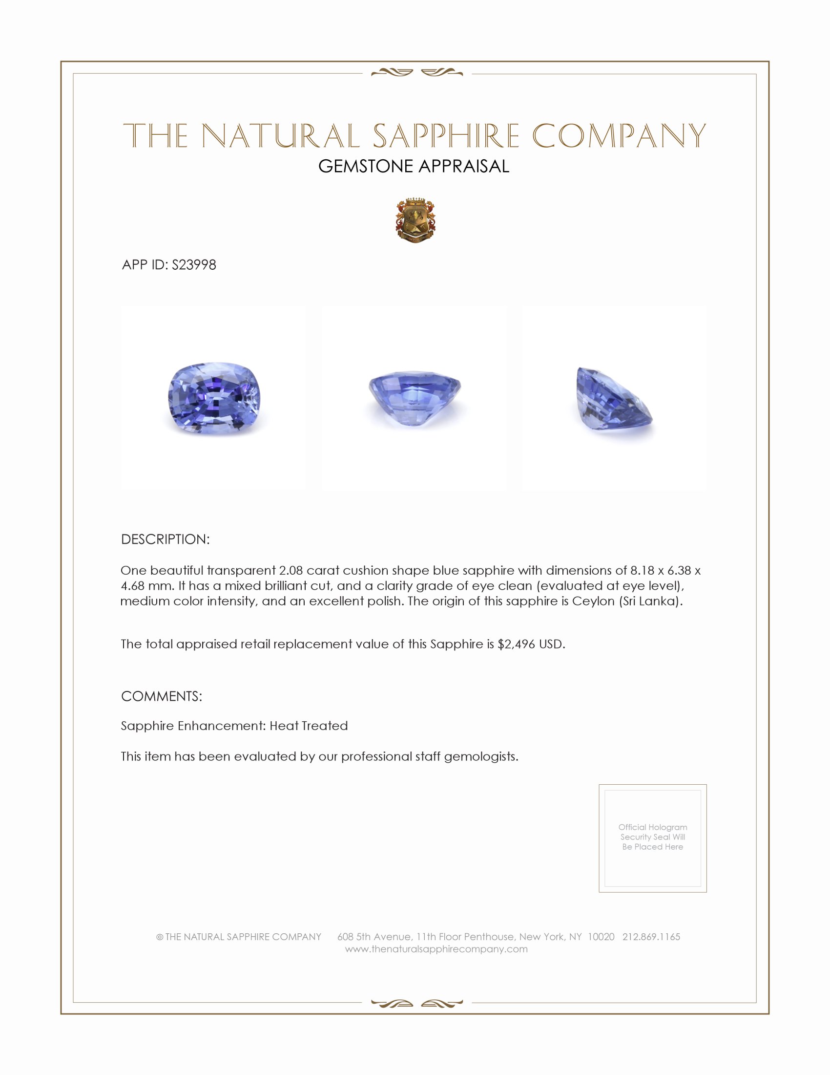 2.08 Ct. Purplish Blue Sapphire from Ceylon (Sri Lanka)
