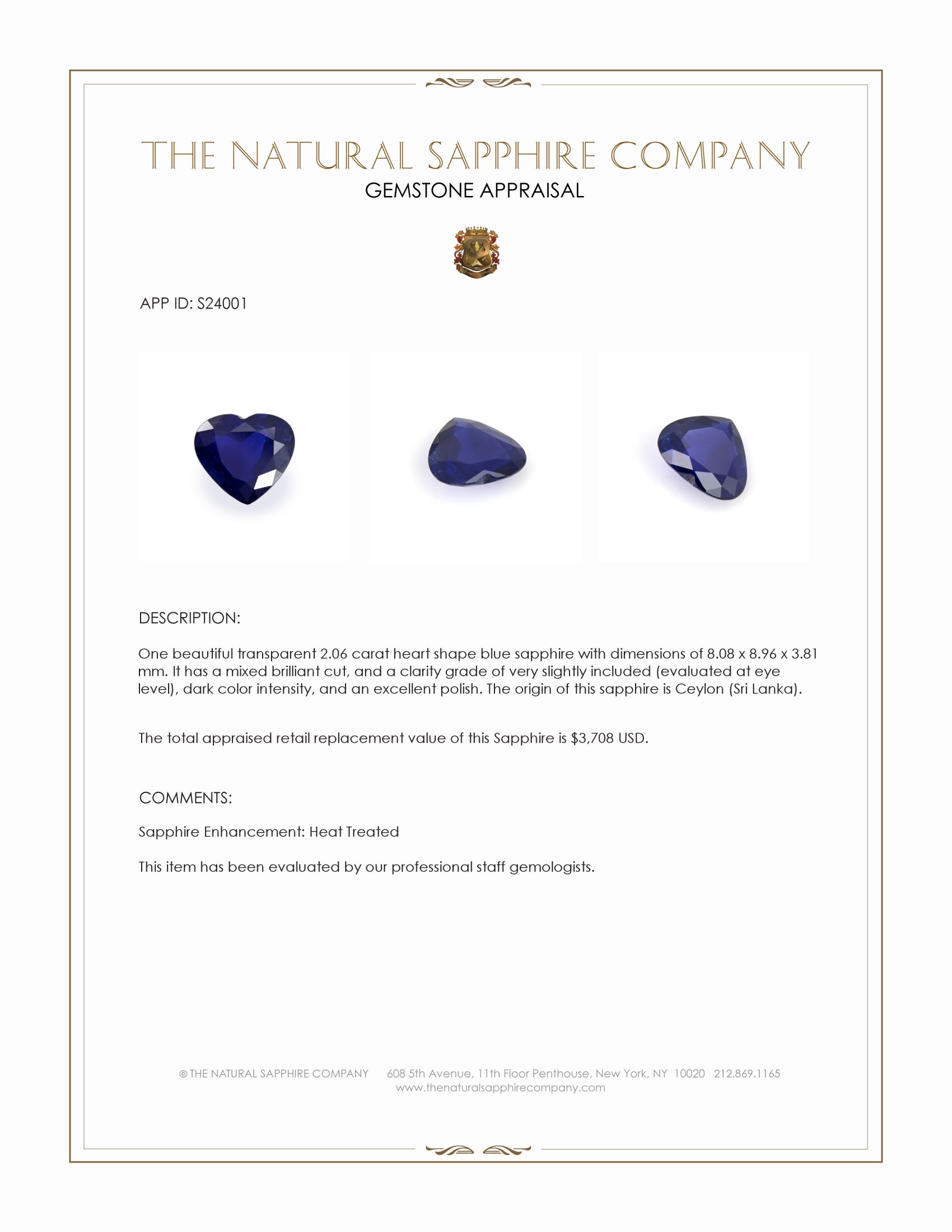 2.06 Ct. Blue Sapphire from Ceylon (Sri Lanka)
