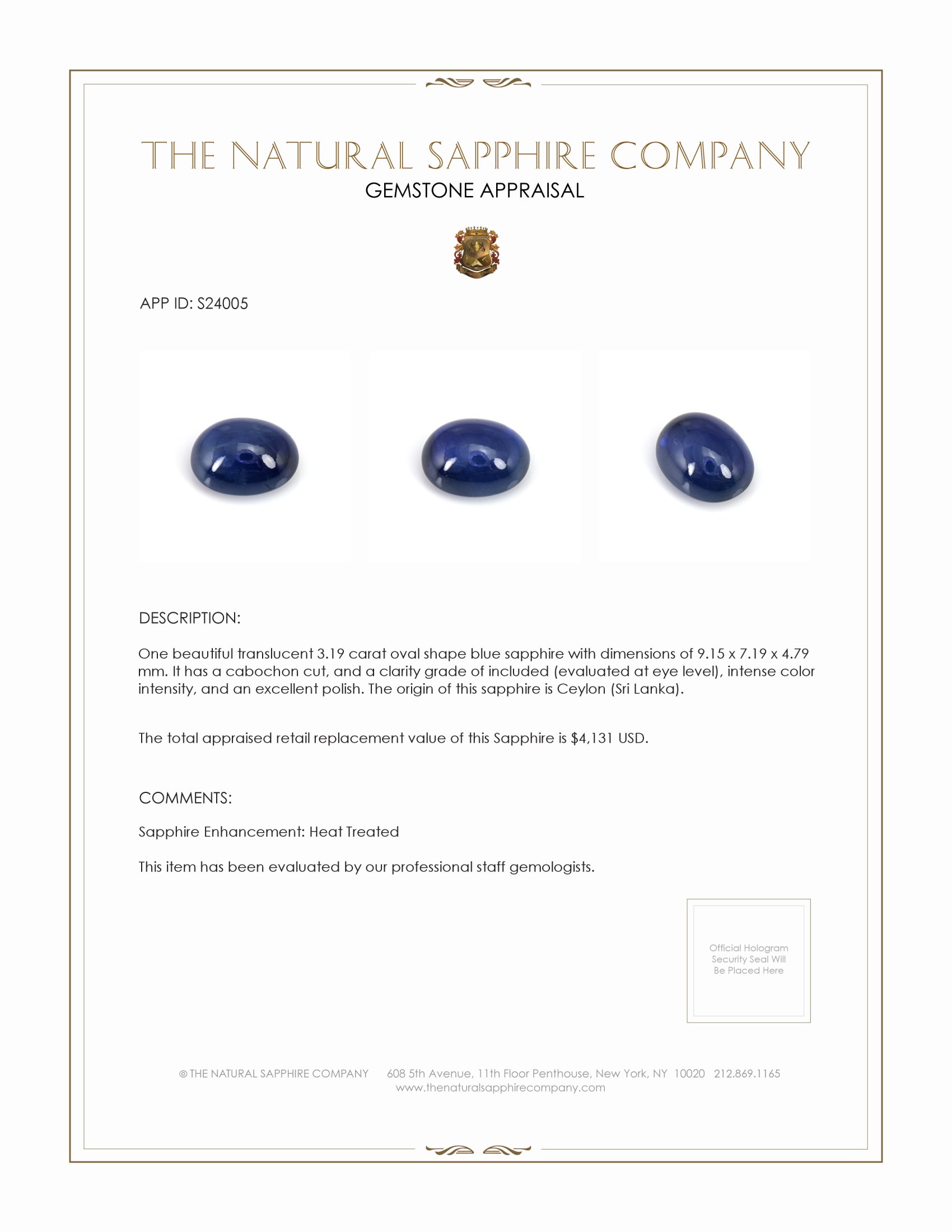 3.19 Ct. Blue Cabochon Sapphire from Ceylon (Sri Lanka)