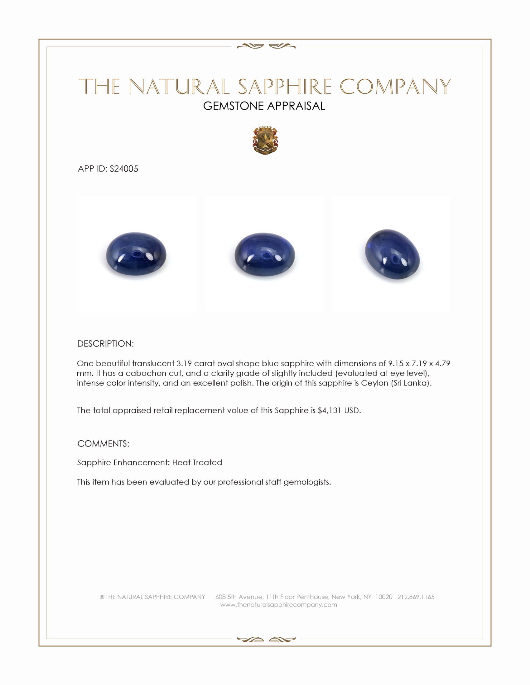 3.19 Ct. Blue Cabochon Sapphire from Ceylon (Sri Lanka)