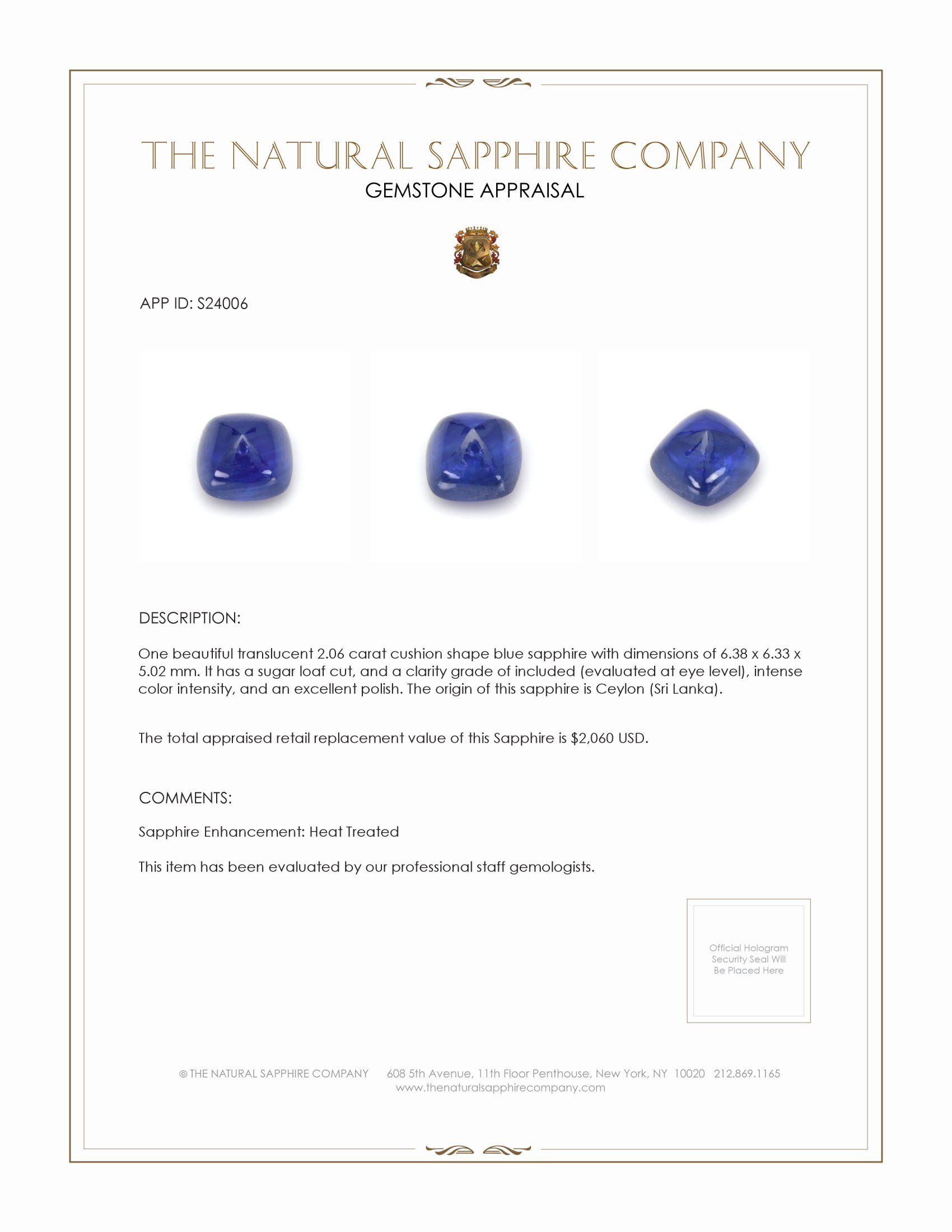 2.06 Ct. Blue Cabochon Sapphire from Ceylon (Sri Lanka)