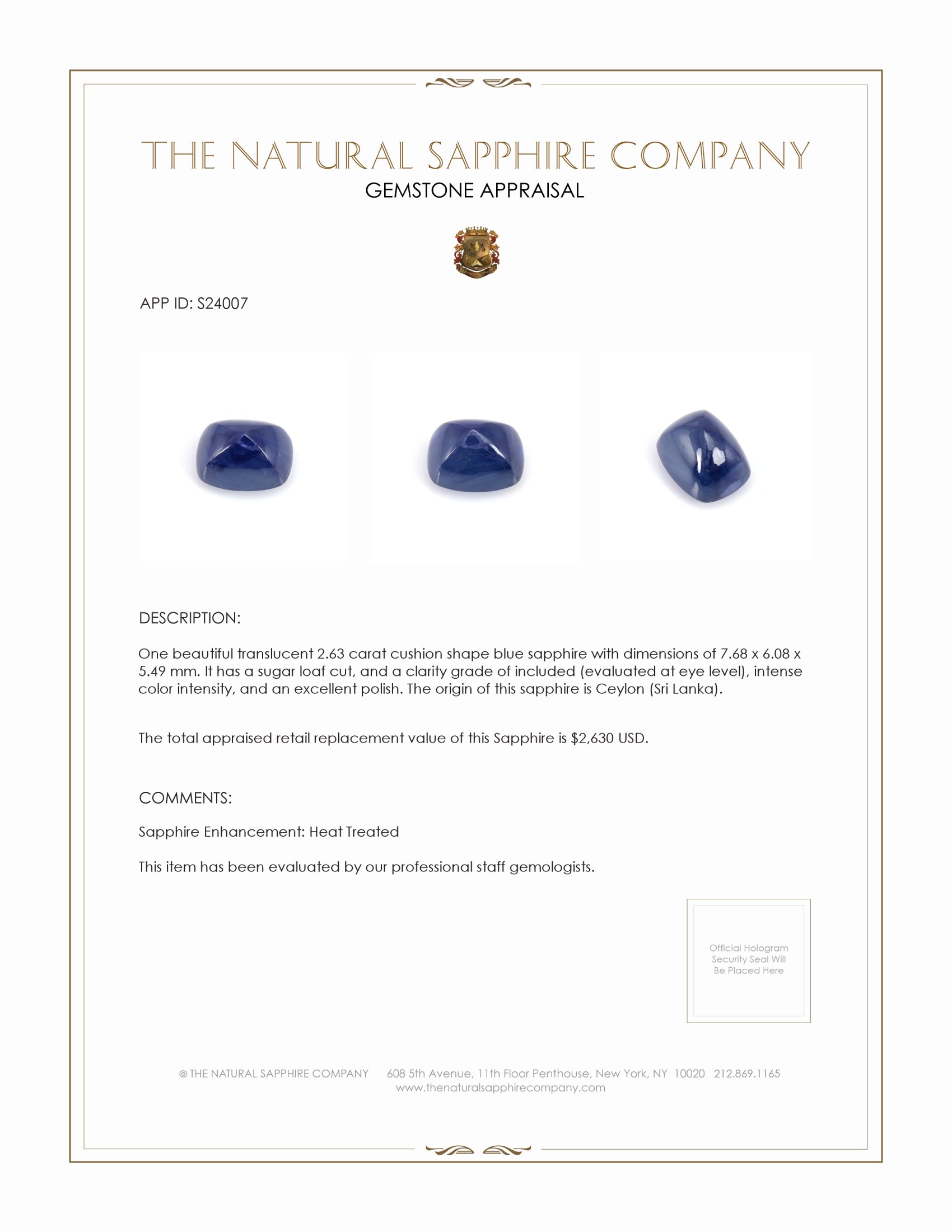 2.63 Ct. Blue Cabochon Sapphire from Ceylon (Sri Lanka)