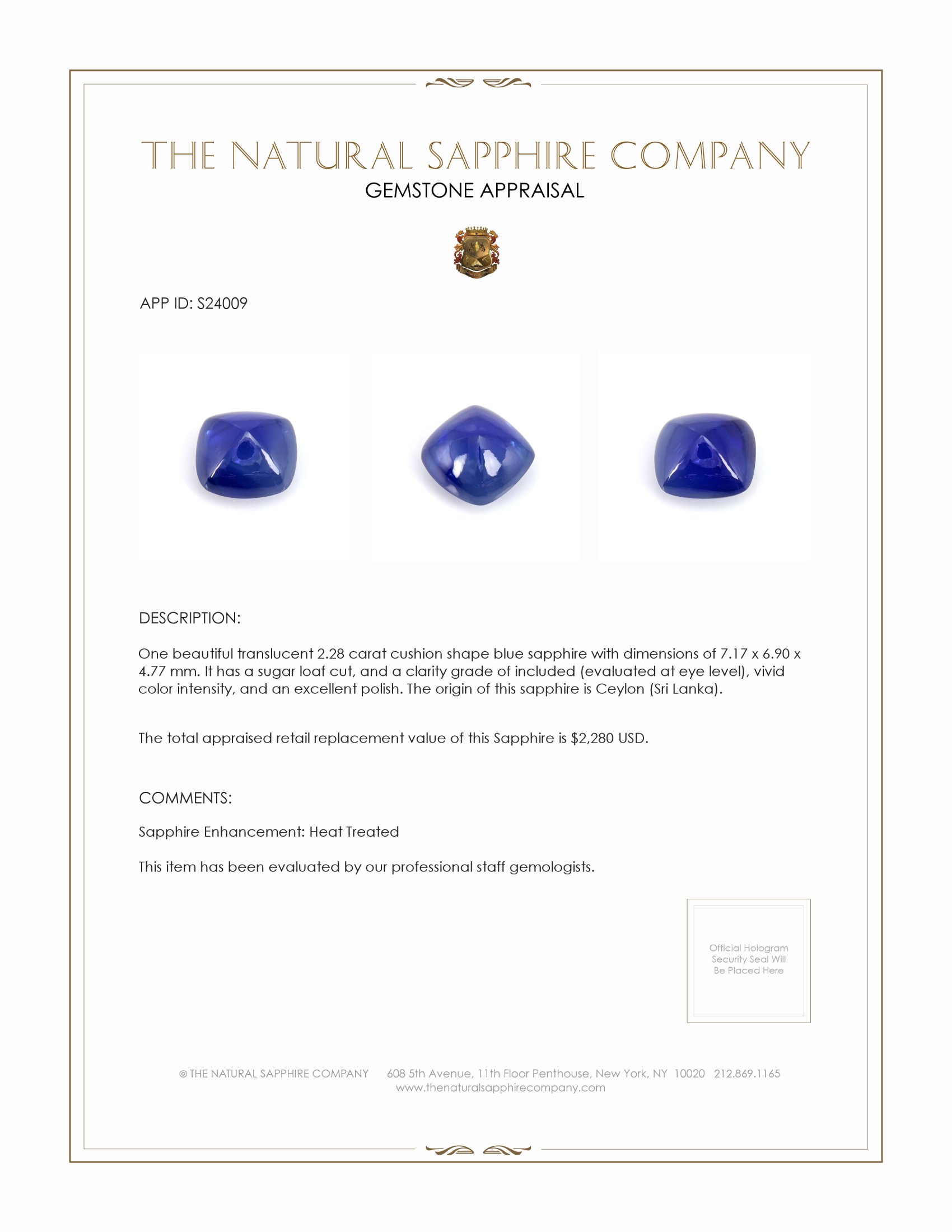 2.28 Ct. Blue Cabochon Sapphire from Ceylon (Sri Lanka)