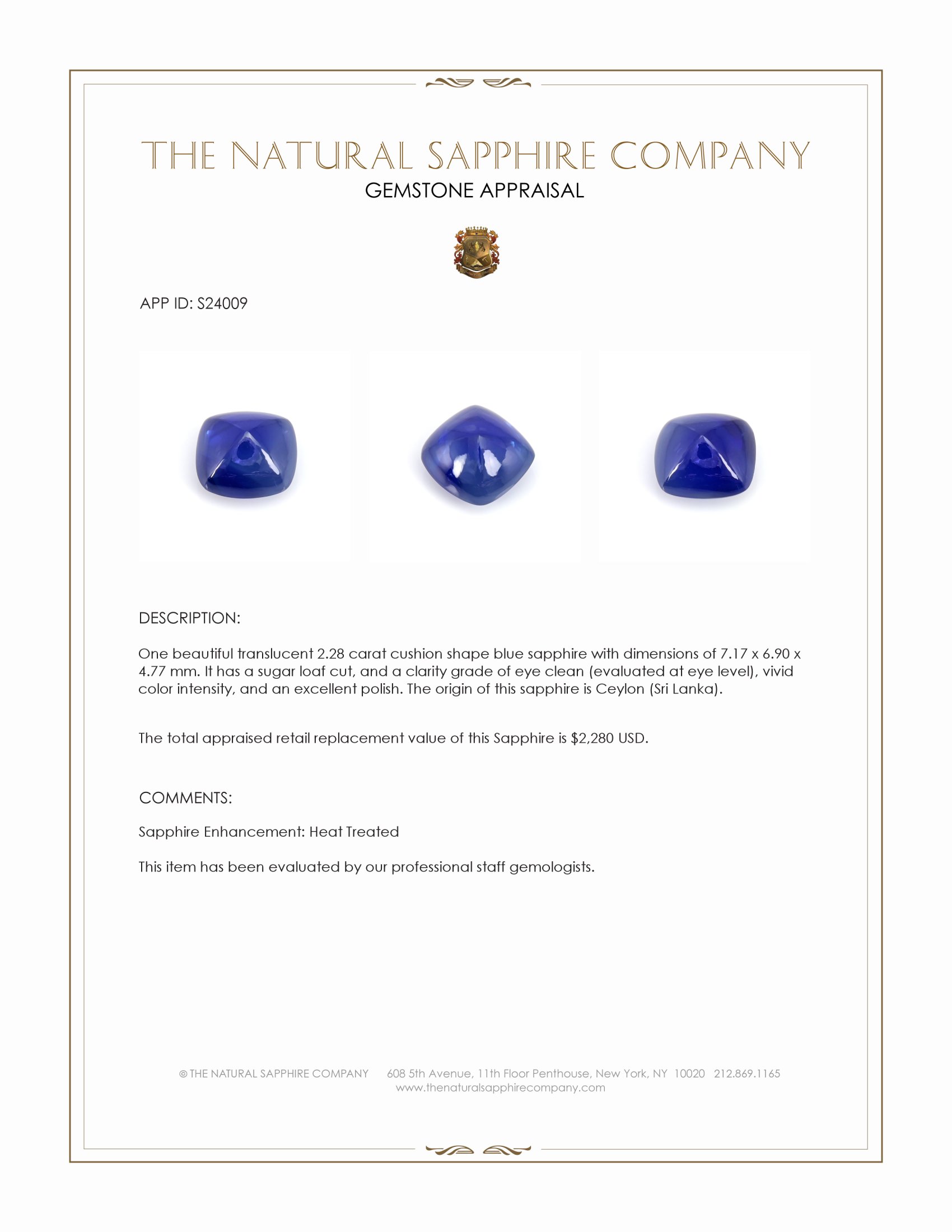 2.28 Ct. Blue Cabochon Sapphire from Ceylon (Sri Lanka)