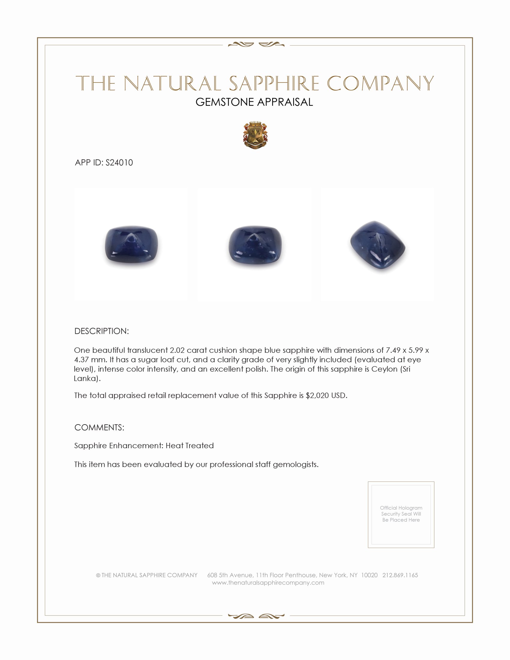 2.02 Ct. Blue Cabochon Sapphire from Ceylon (Sri Lanka)