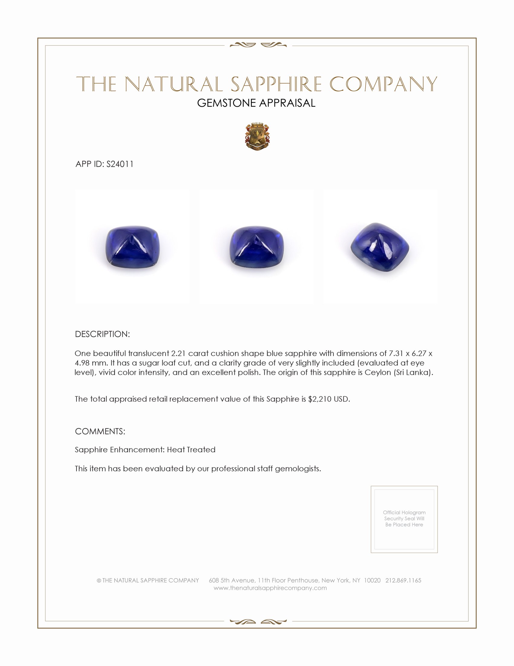 2.21 Ct. Blue Cabochon Sapphire from Ceylon (Sri Lanka)