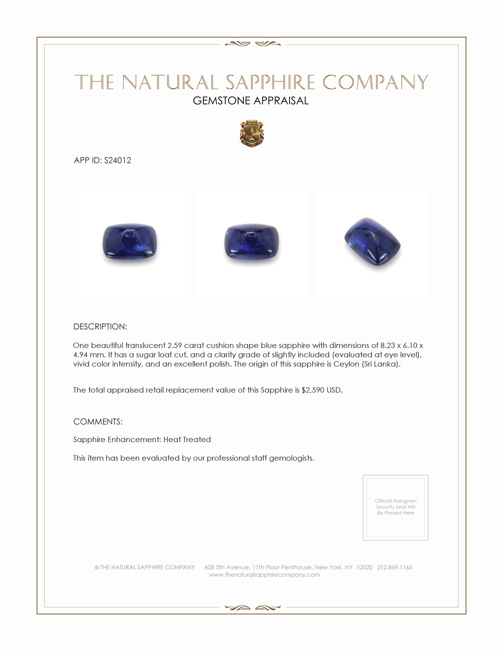 2.59 Ct. Blue Cabochon Sapphire from Ceylon (Sri Lanka)