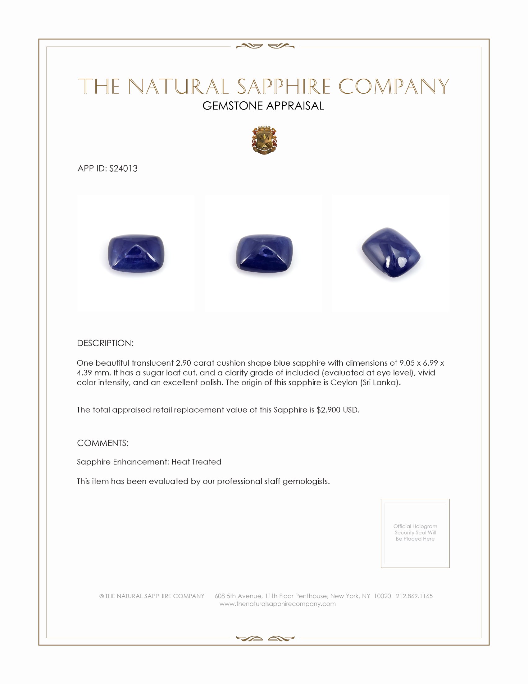 2.90 Ct. Blue Cabochon Sapphire from Ceylon (Sri Lanka)