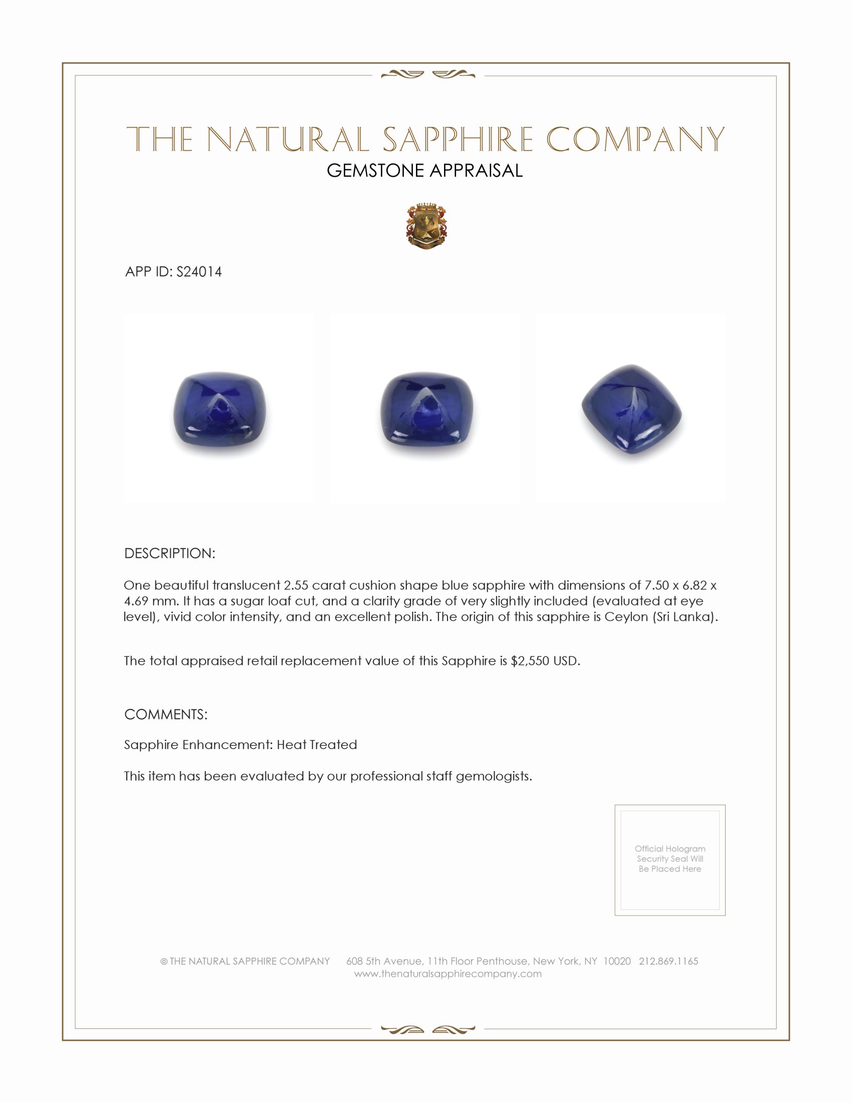 2.55 Ct. Blue Cabochon Sapphire from Ceylon (Sri Lanka)