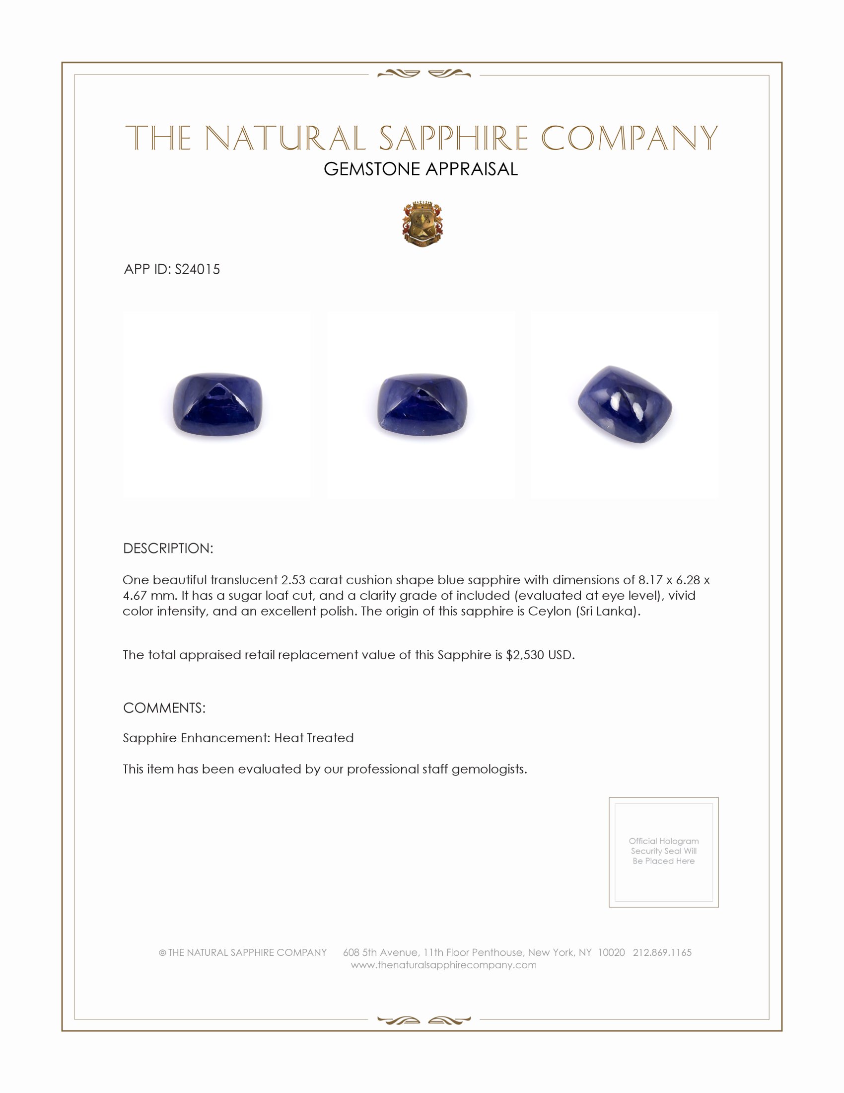 2.53 Ct. Blue Cabochon Sapphire from Ceylon (Sri Lanka)