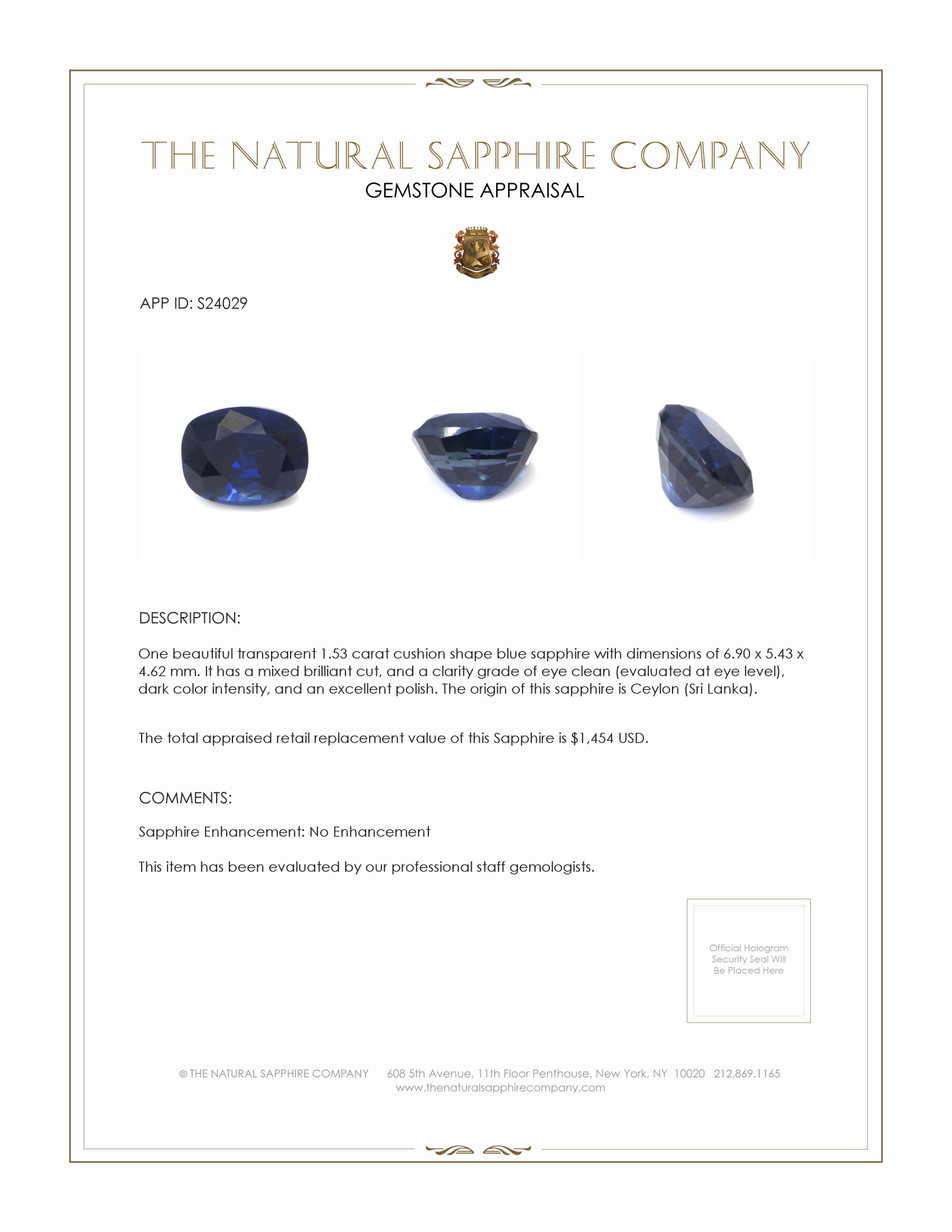 1.53 Ct. Blue Sapphire from Ceylon (Sri Lanka)