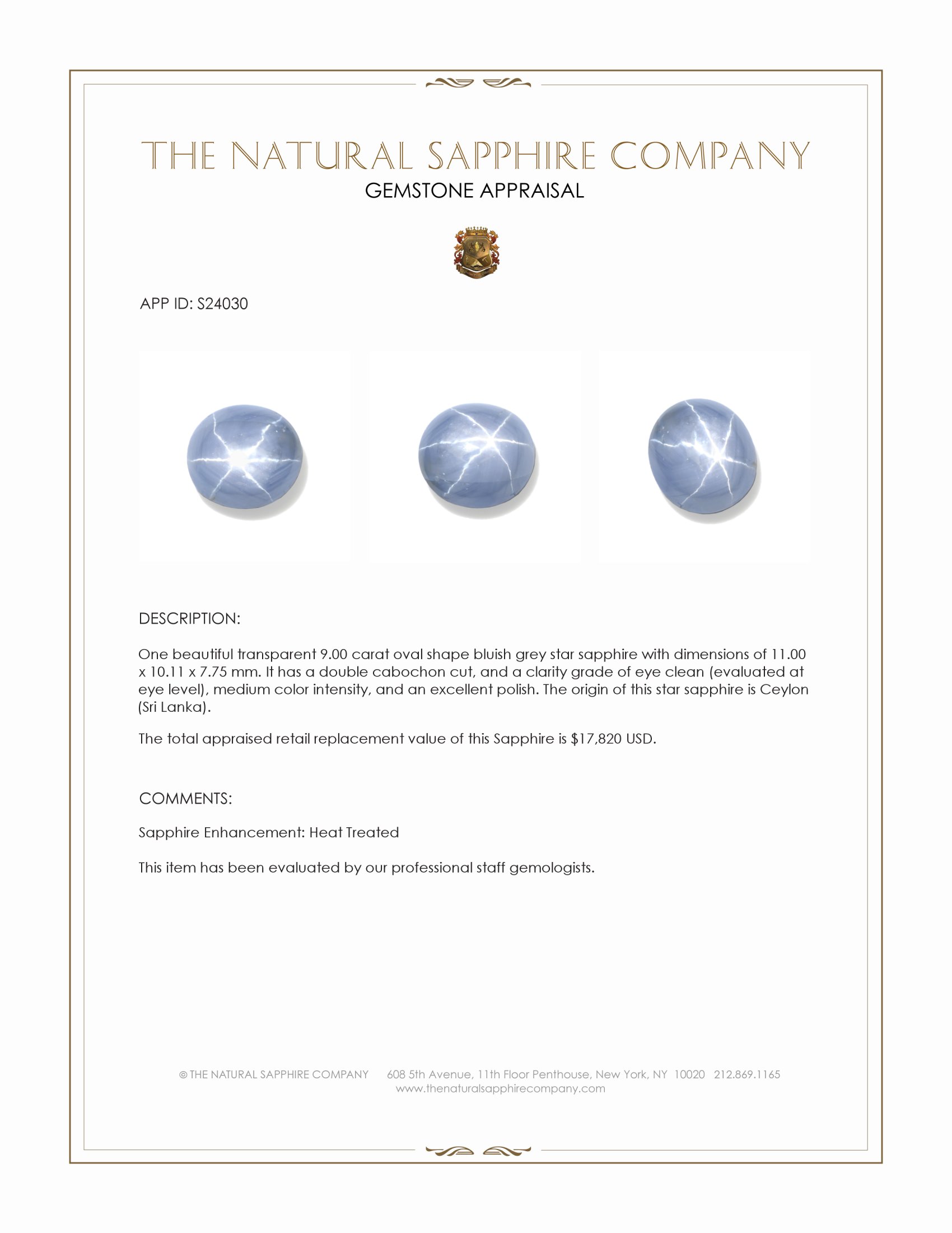 9.00 Ct. Bluish Grey Star Sapphire from Ceylon (Sri Lanka)