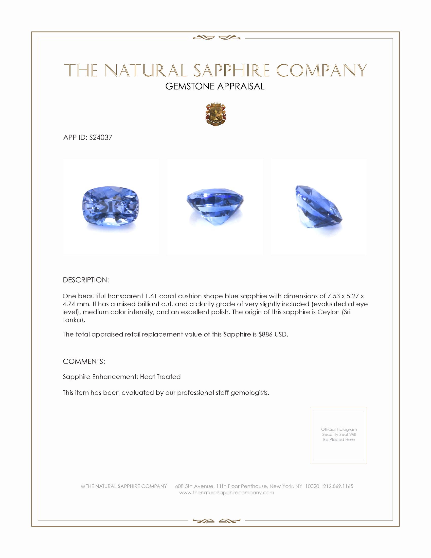 1.61 Ct. Blue Sapphire from Ceylon (Sri Lanka)