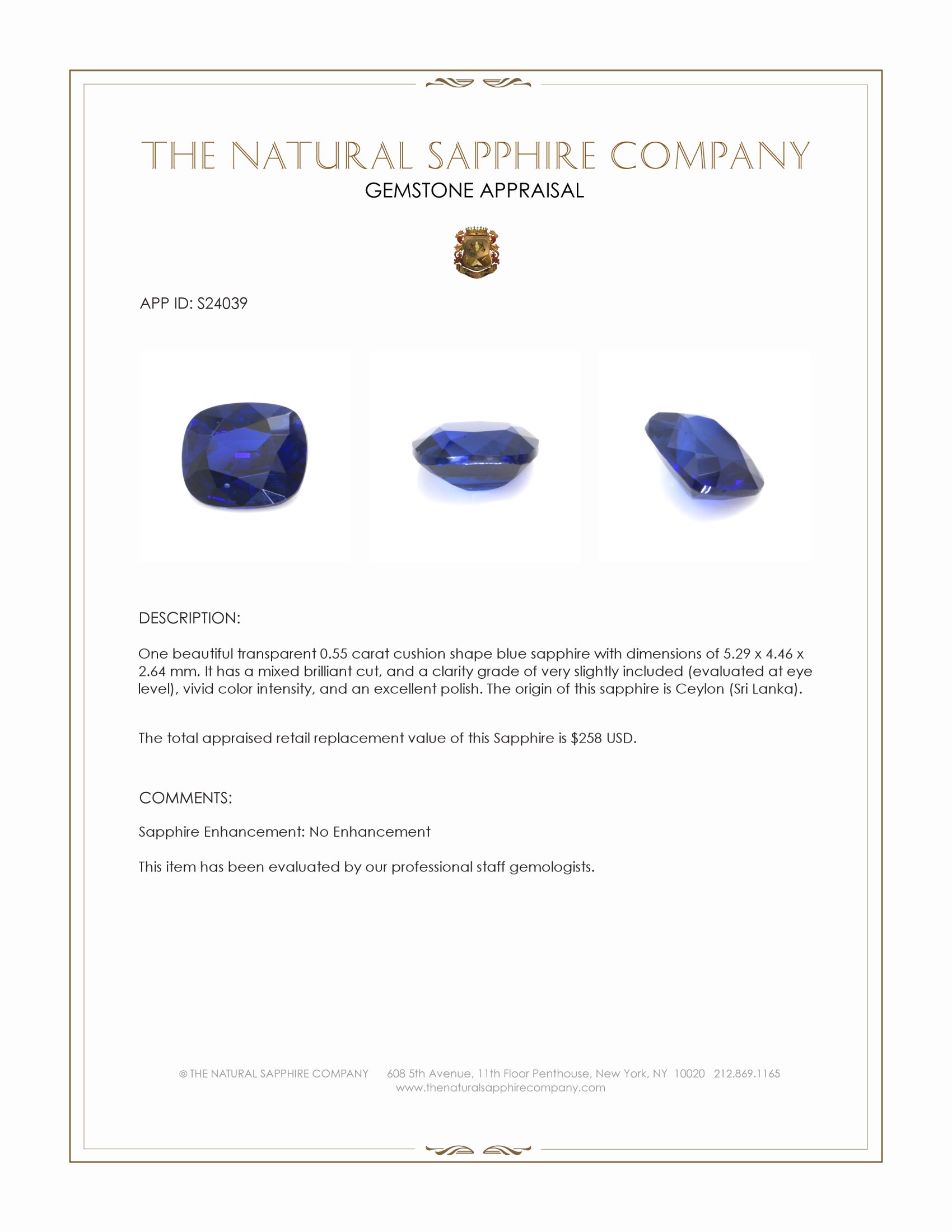 0.55 Ct. Blue Sapphire from Ceylon (Sri Lanka)