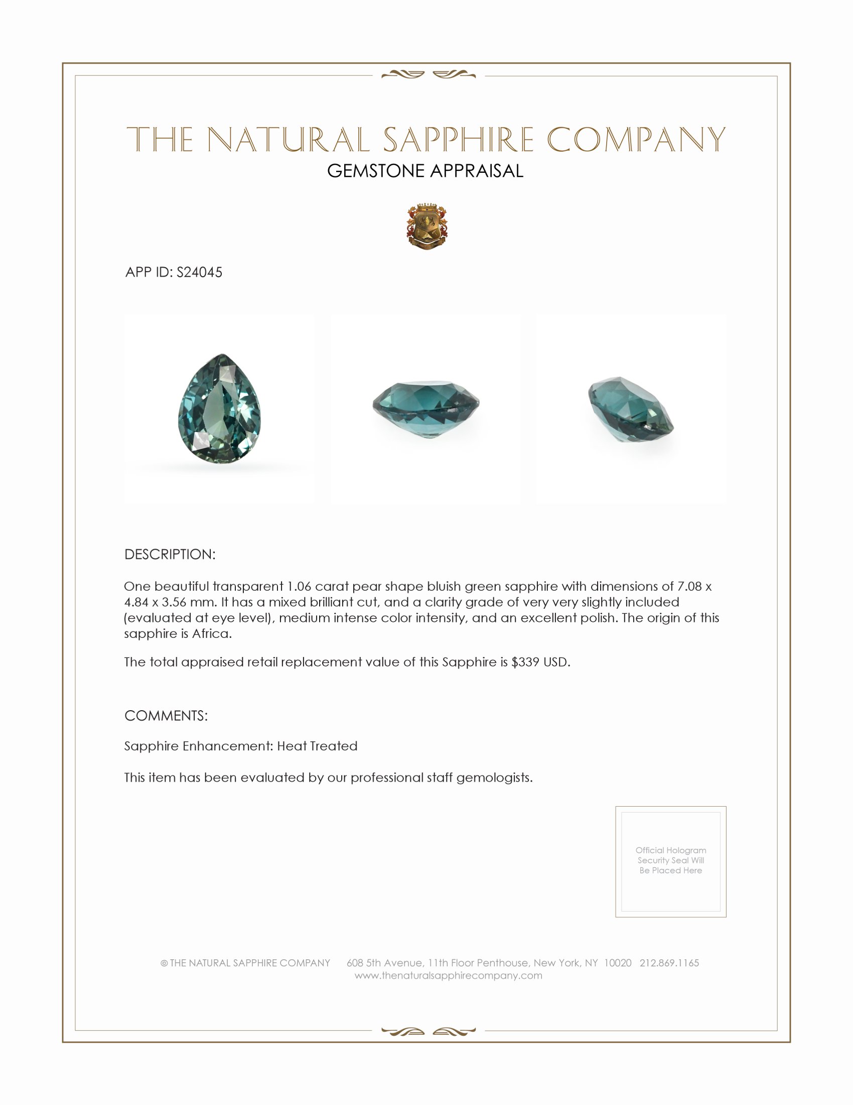 1.06 Ct. Bluish Green Sapphire from Africa