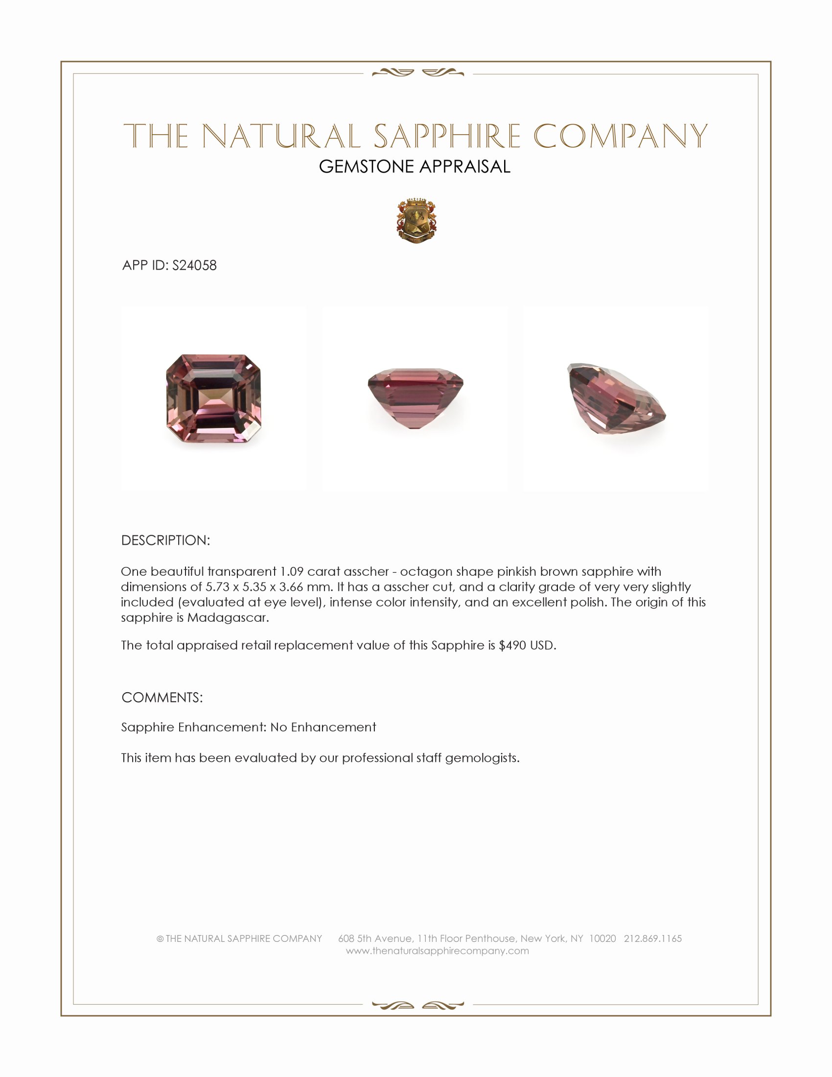 1.09 Ct. Pinkish Brown Sapphire from Madagascar