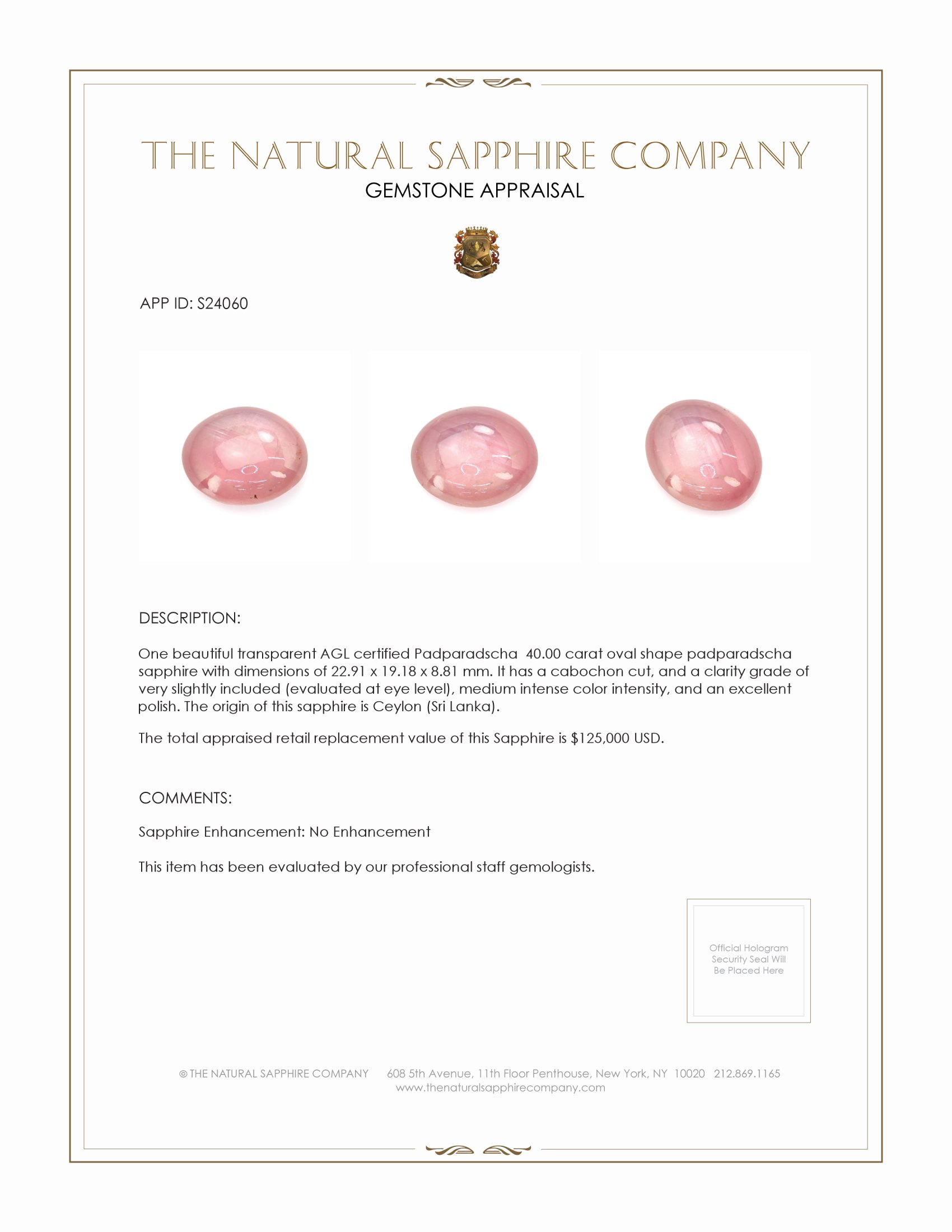 40.00 Ct. Padparadscha Cabochon Sapphire from Ceylon (Sri Lanka)