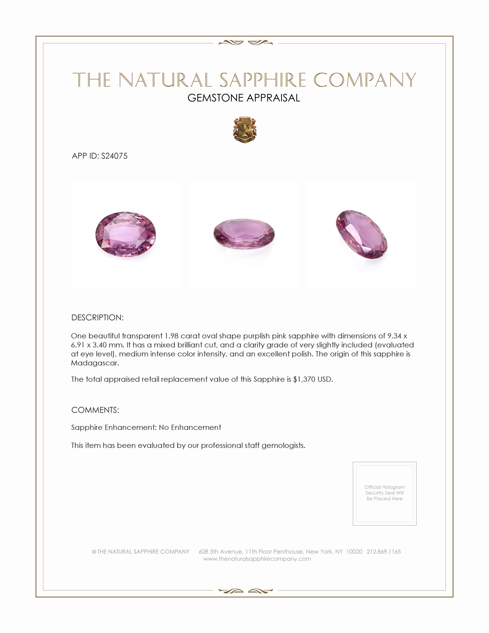 1.98 Ct. Purplish Pink Sapphire from Madagascar