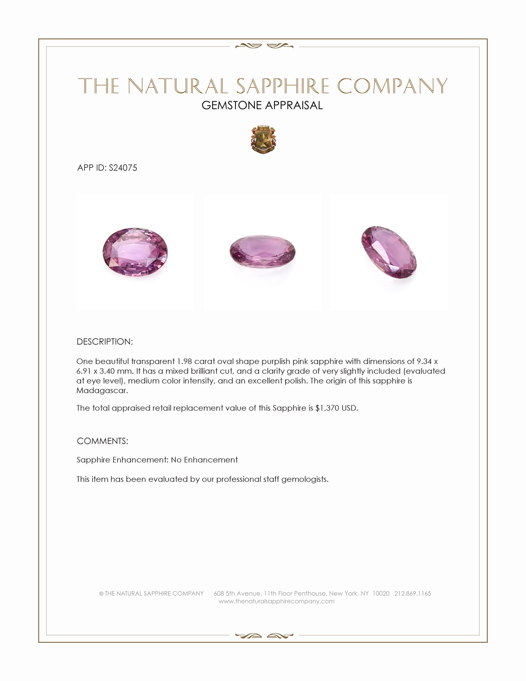 1.98 Ct. Purplish Pink Sapphire from Madagascar