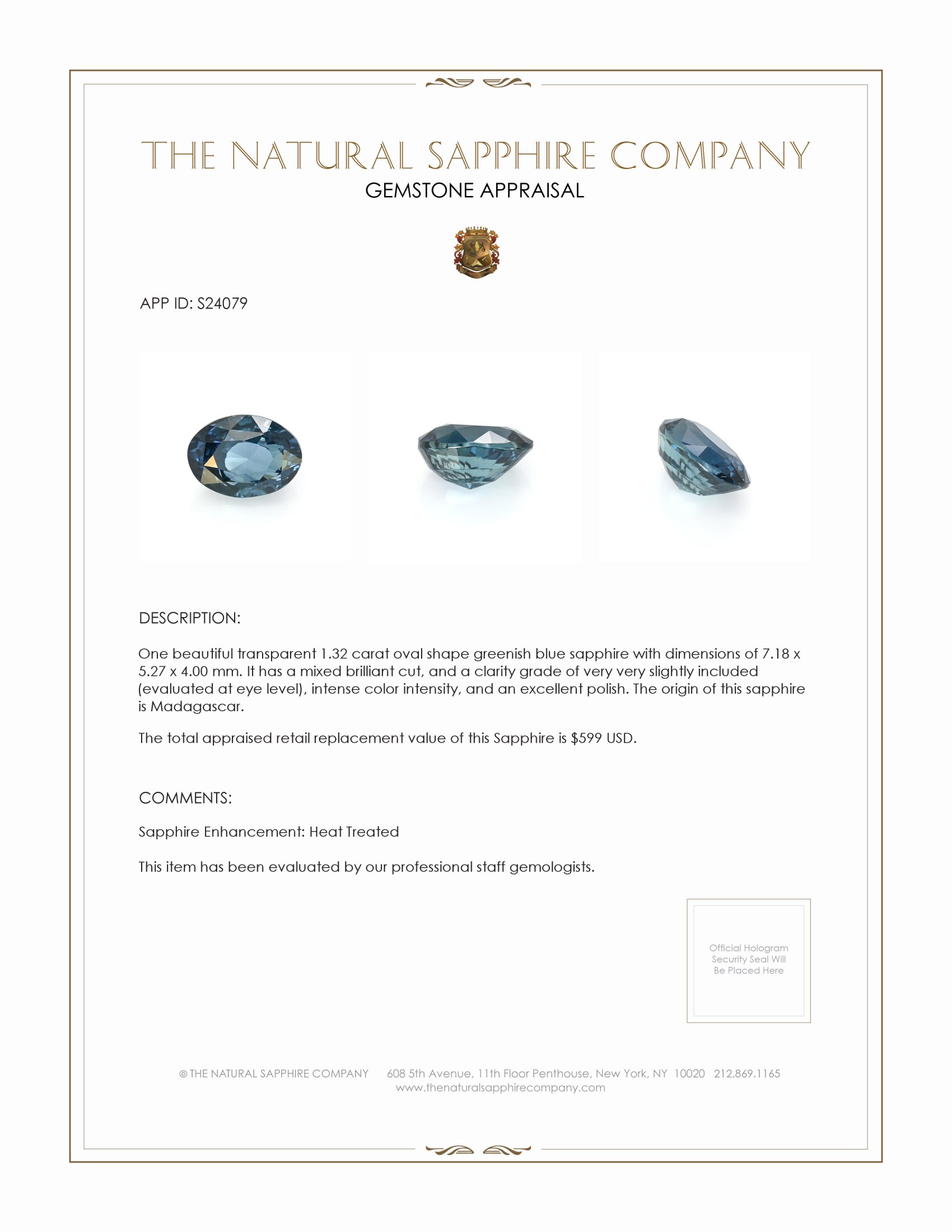 1.32 Ct. Greenish Blue Sapphire from Madagascar