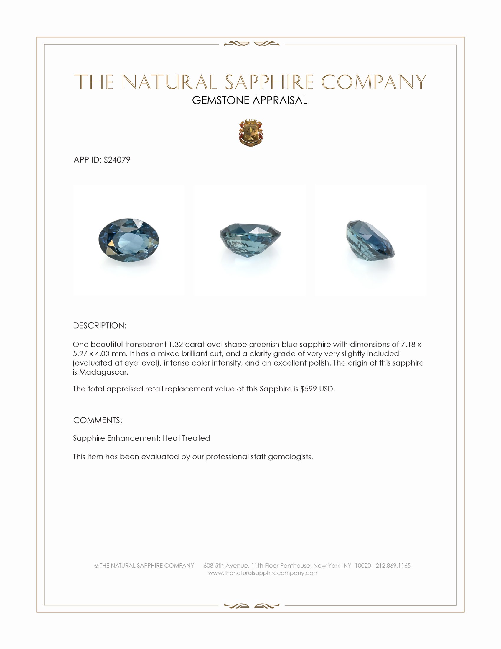 1.32 Ct. Greenish Blue Sapphire from Madagascar