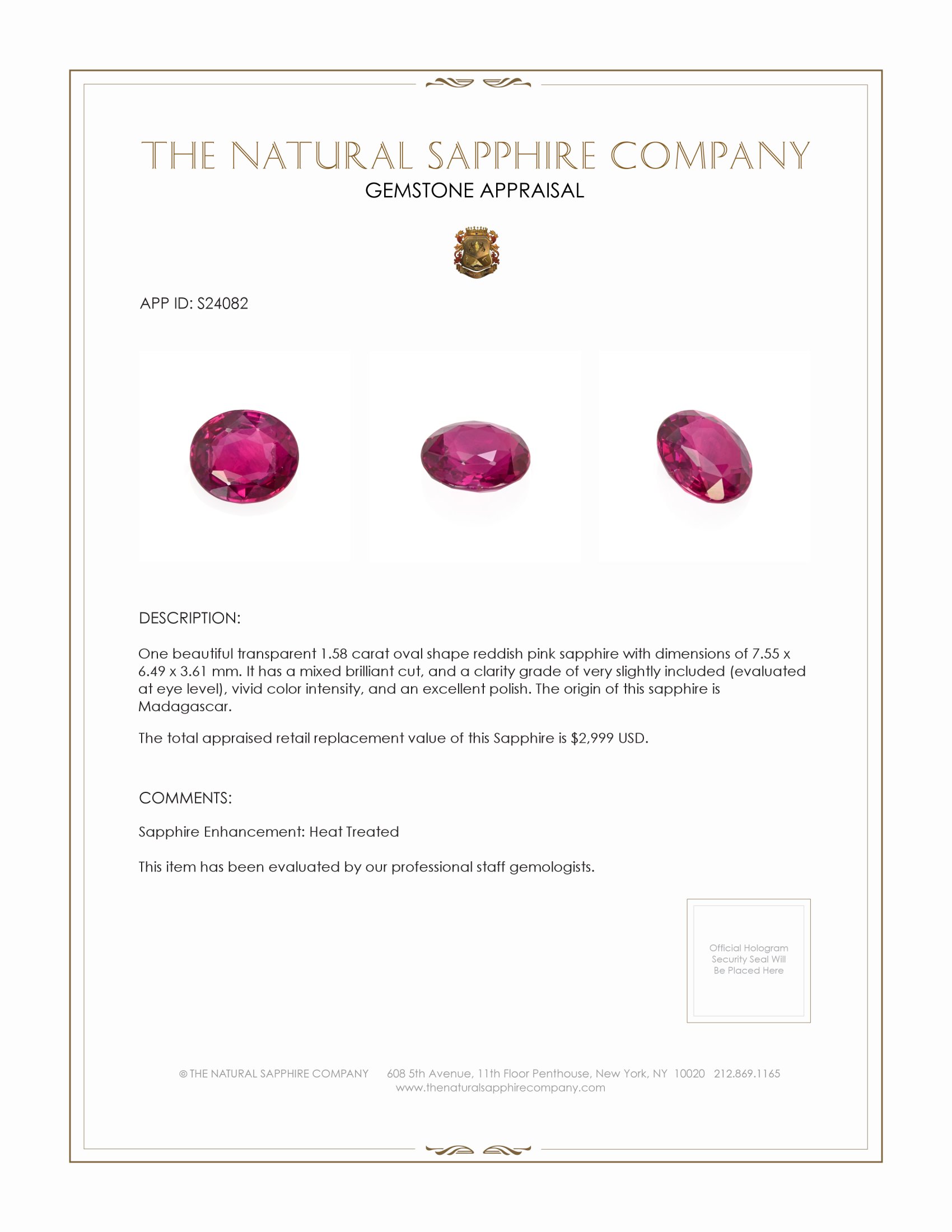 1.58 Ct. Reddish Pink Sapphire from Madagascar