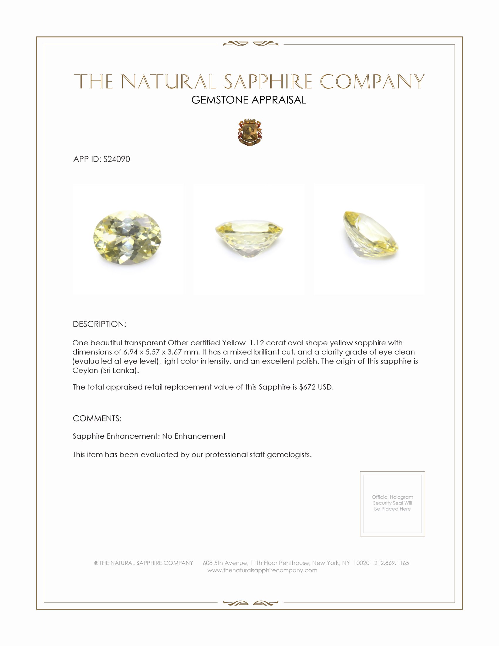 1.12 Ct. Yellow Sapphire from Ceylon (Sri Lanka)